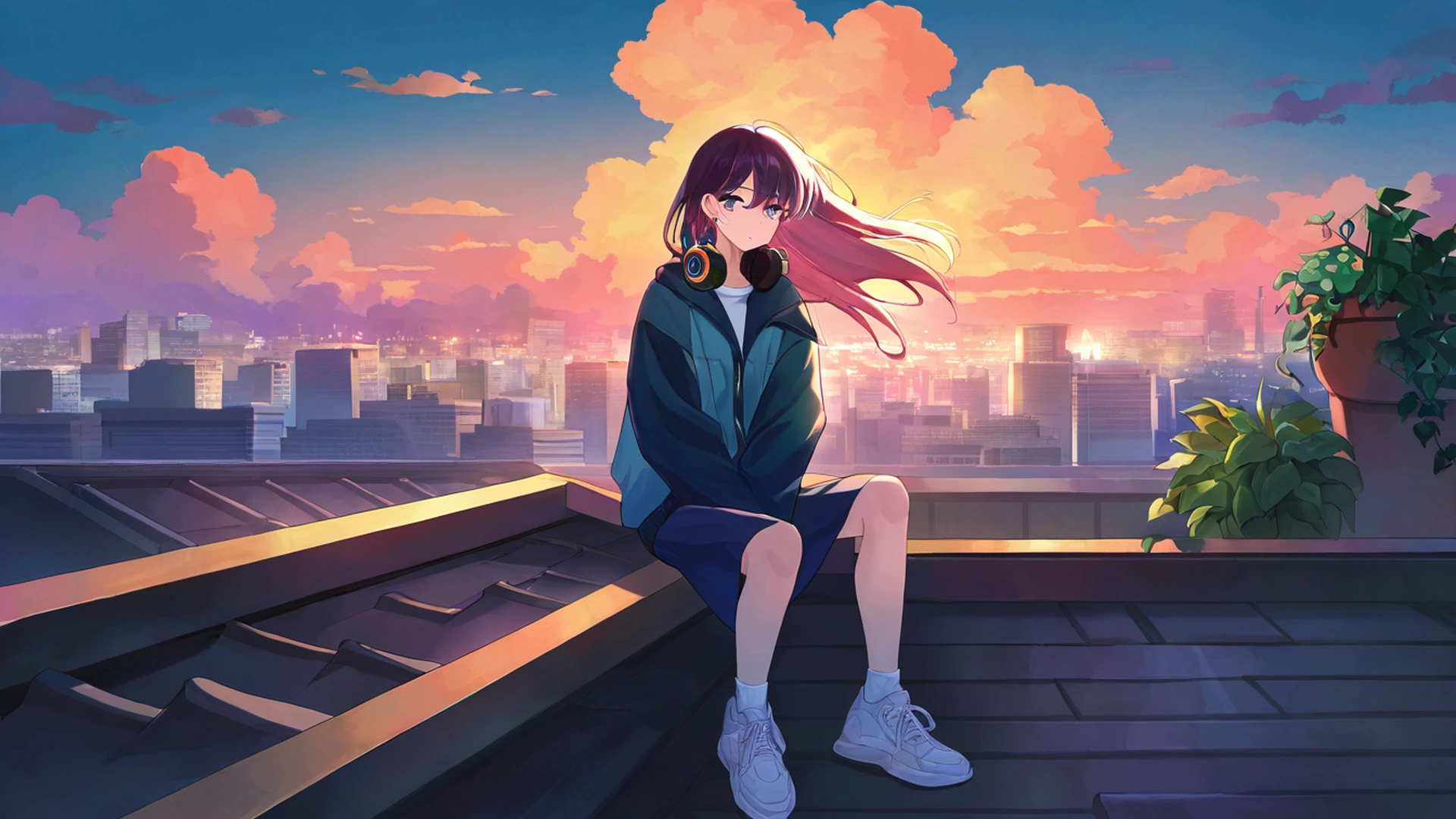 rooftop sunset lofi wallpaper