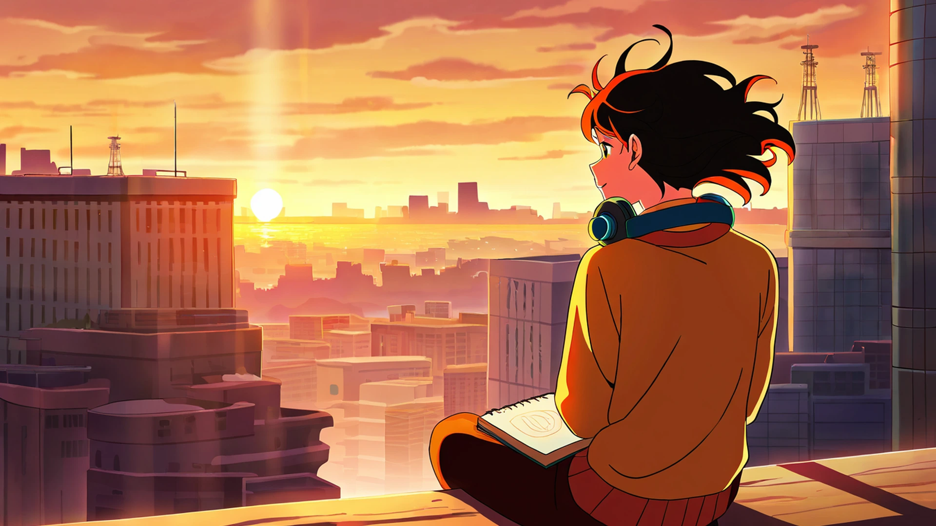 rooftop sunset lofi wallpaper