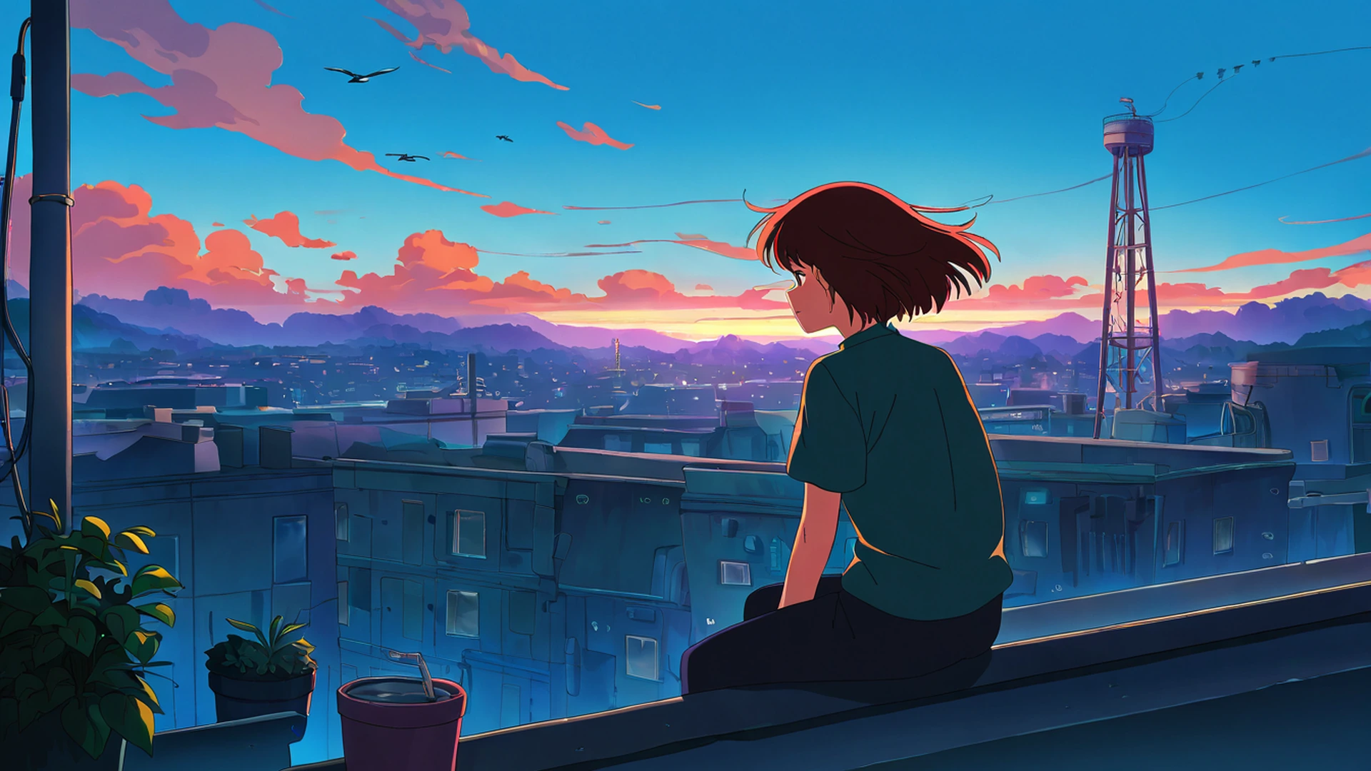rooftop sunset lofi wallpaper