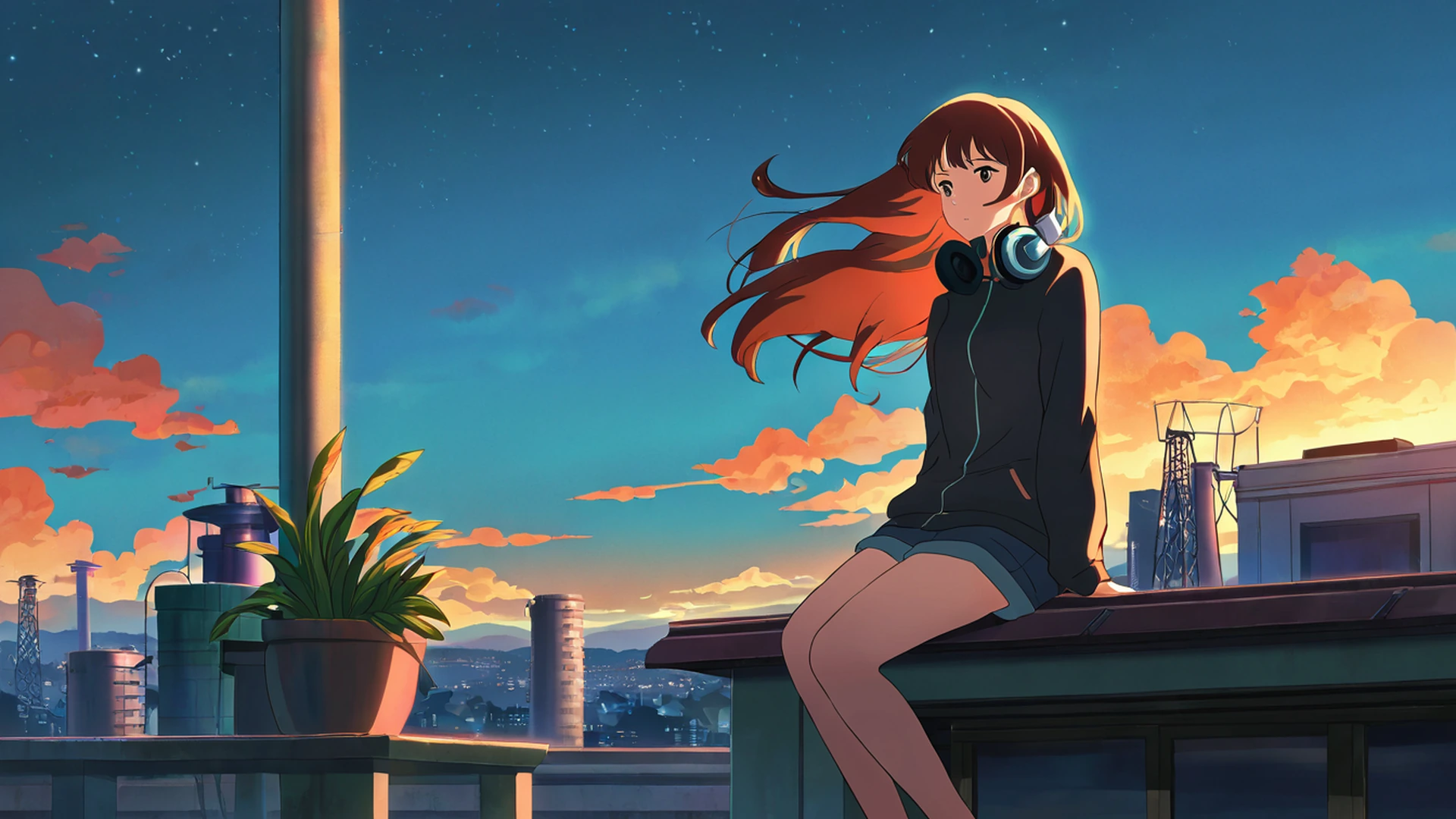 rooftop sunset lofi wallpaper