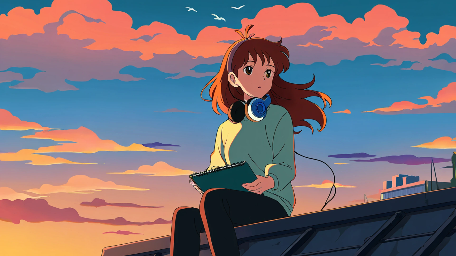 rooftop sunset lofi wallpaper