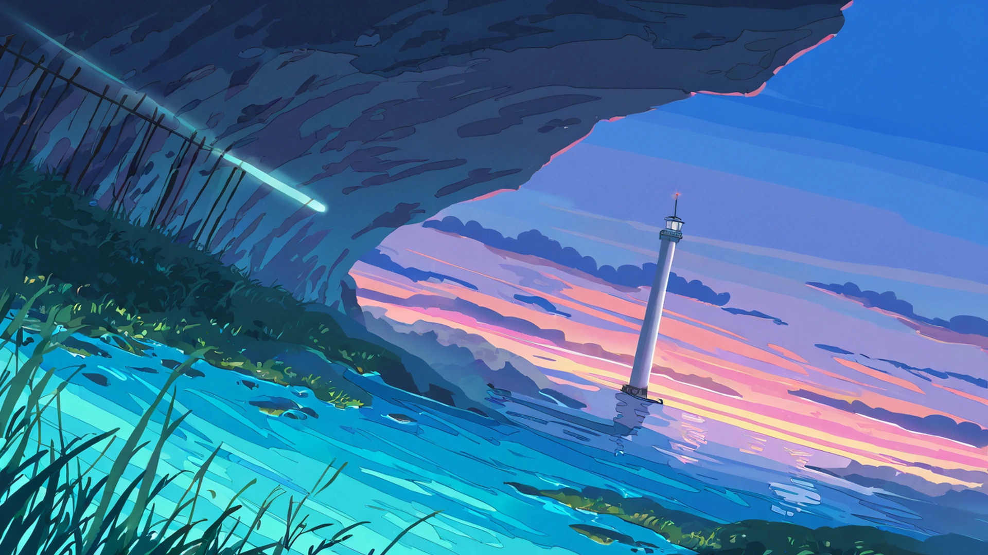 seaside lighthouse lofi wallpaper