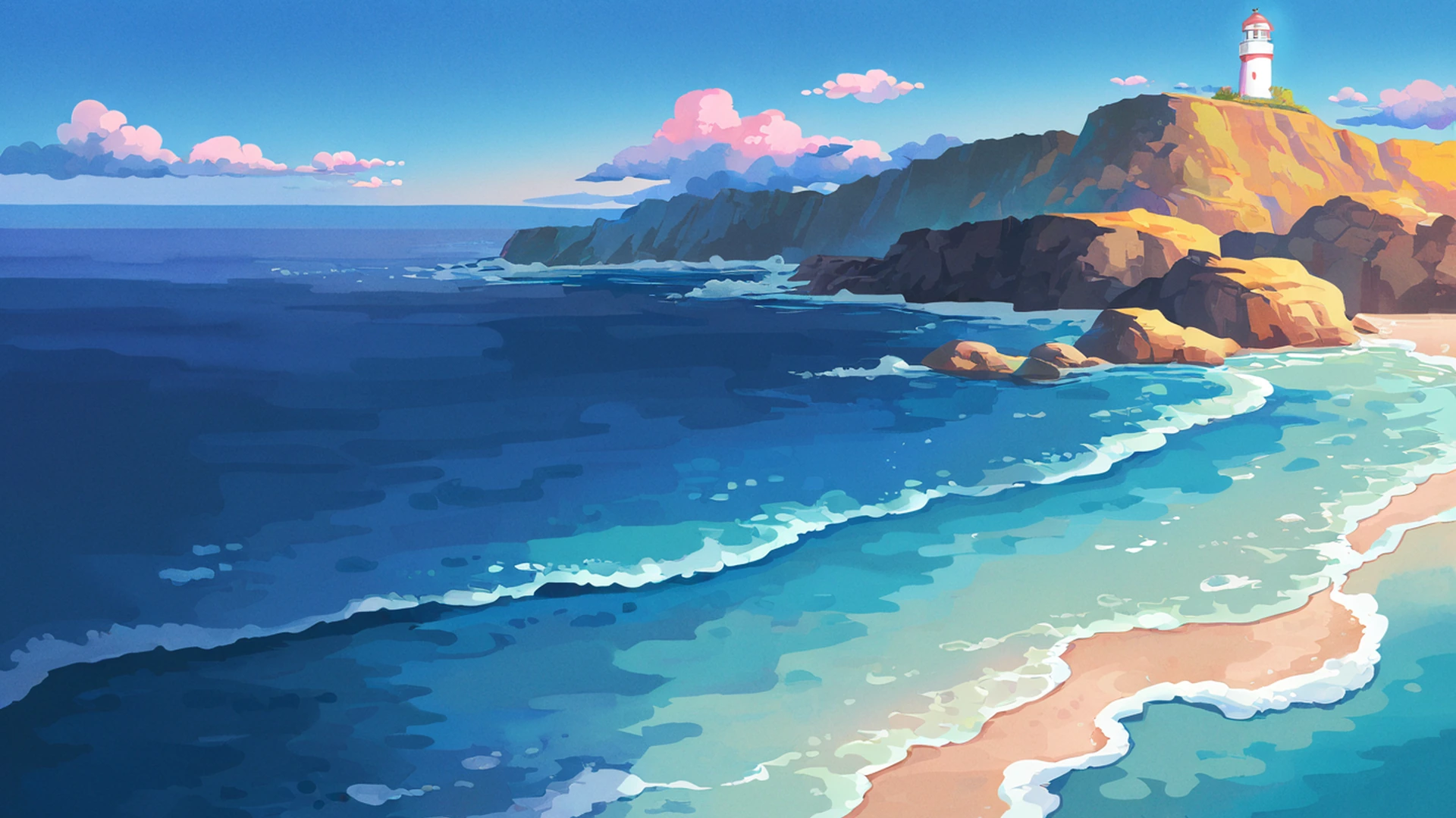 seaside lighthouse lofi wallpaper