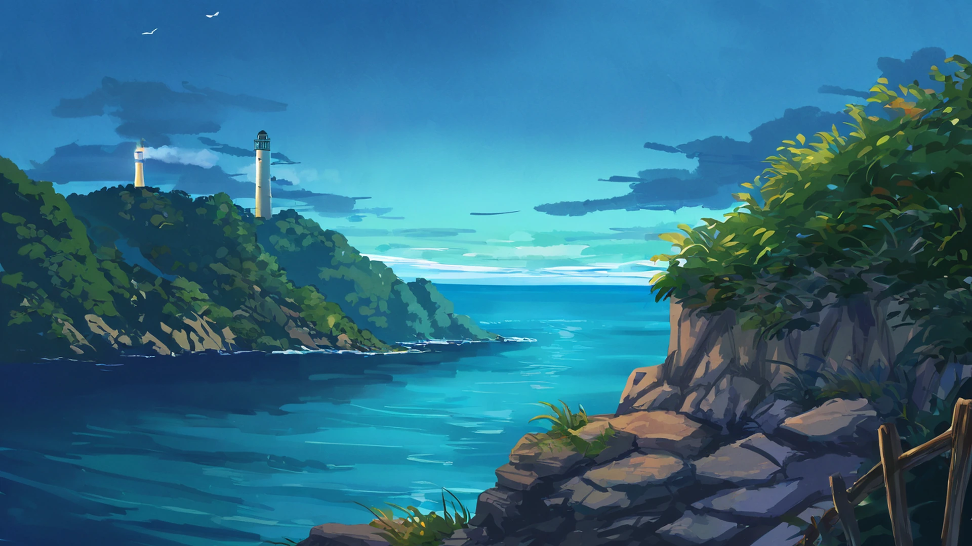 seaside lighthouse lofi wallpaper