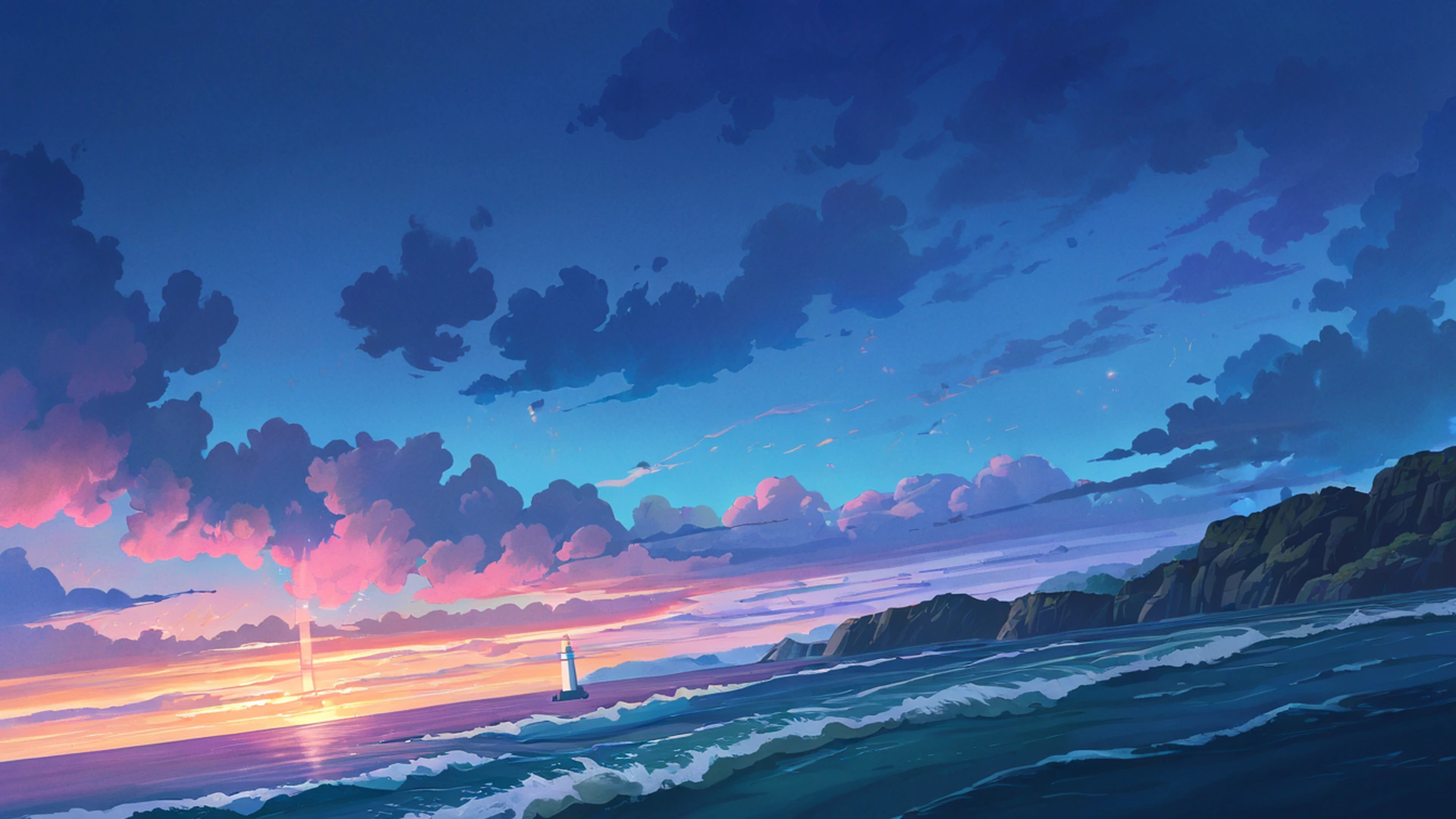 seaside lighthouse lofi wallpaper