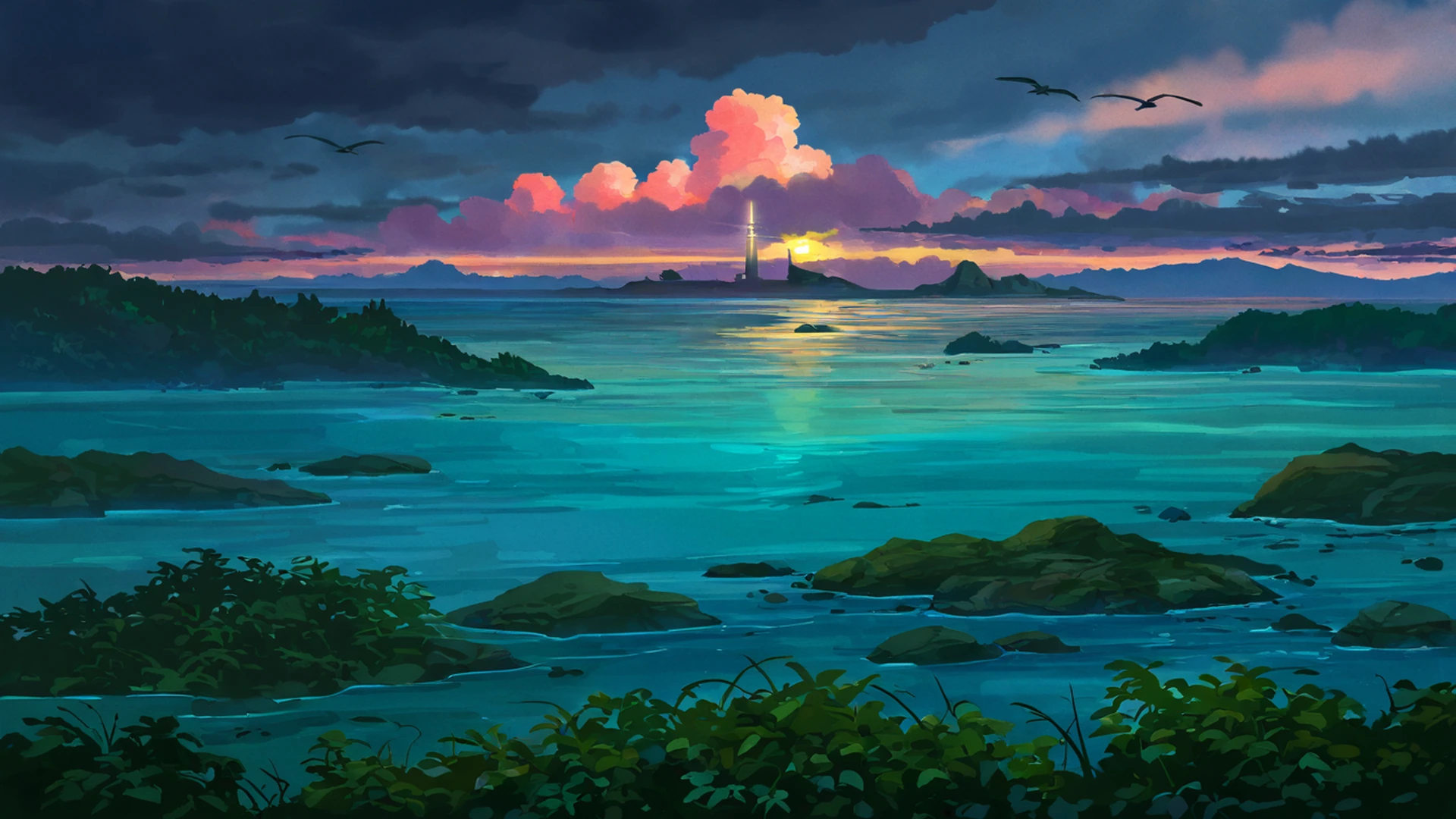 seaside lighthouse lofi wallpaper