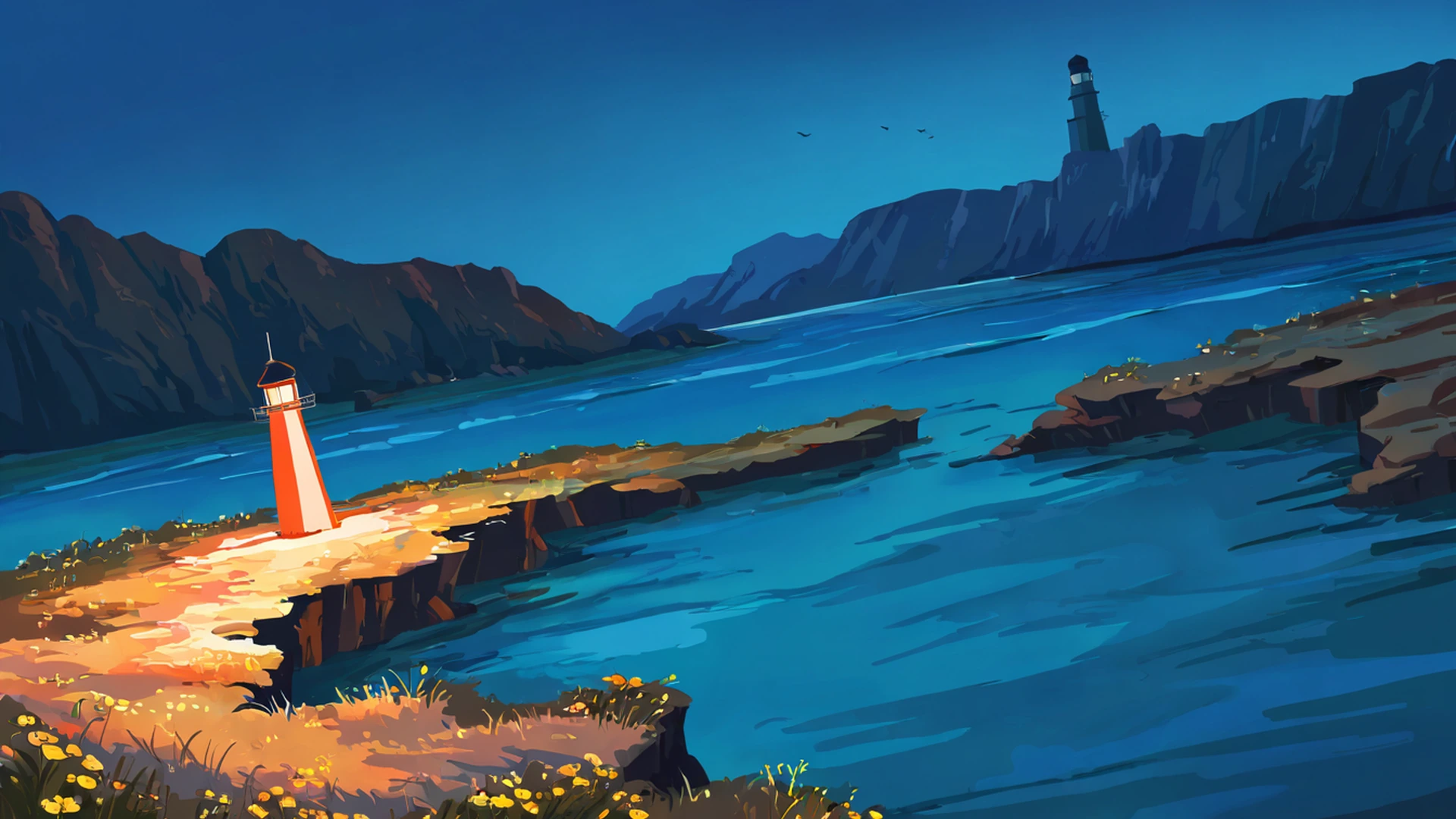 seaside lighthouse lofi wallpaper