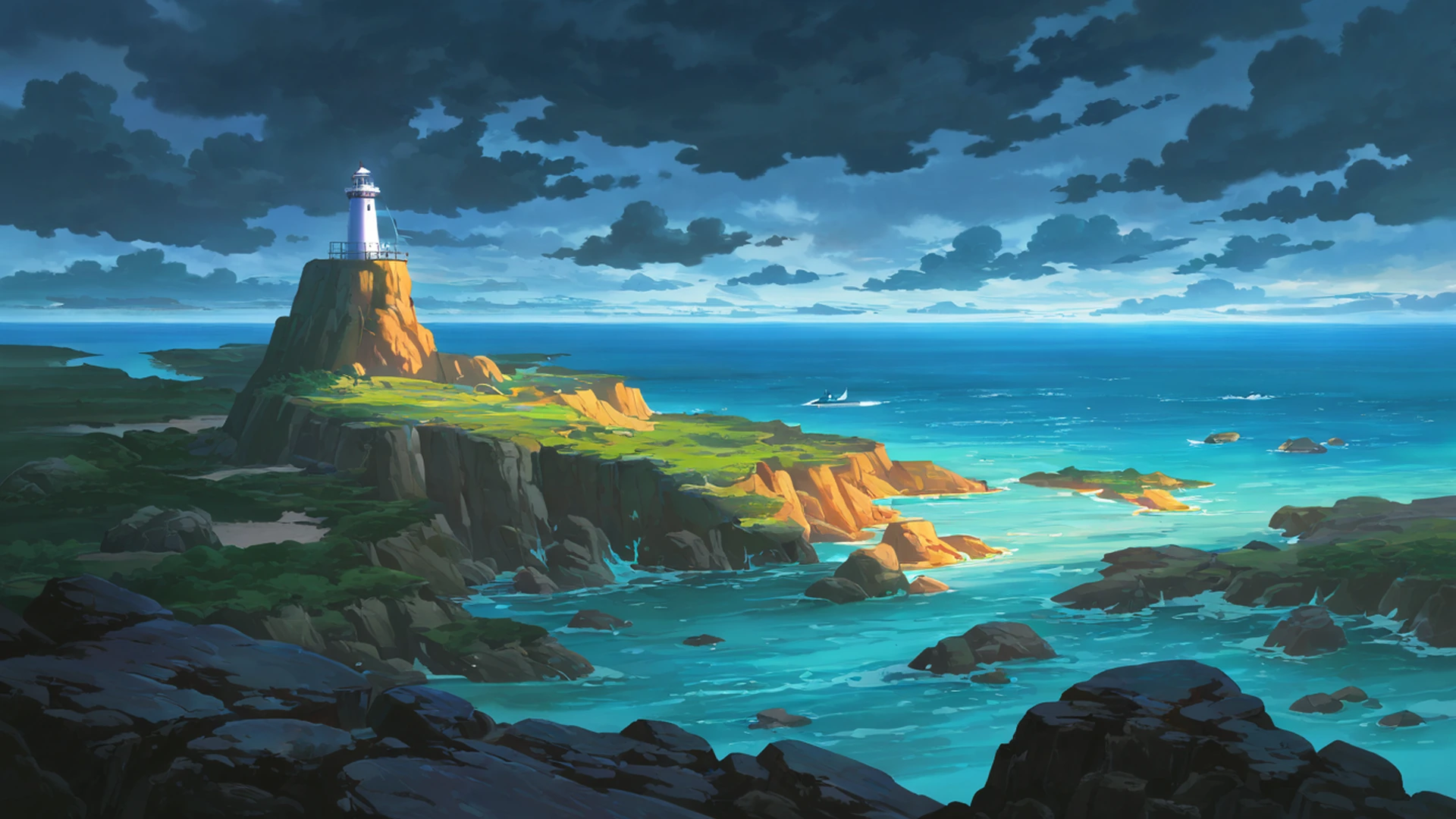 seaside lighthouse lofi wallpaper