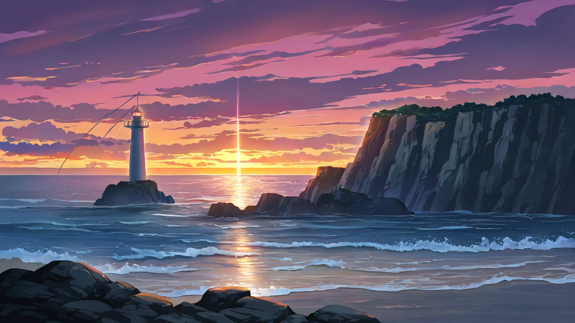 seaside lighthouse lofi wallpaper