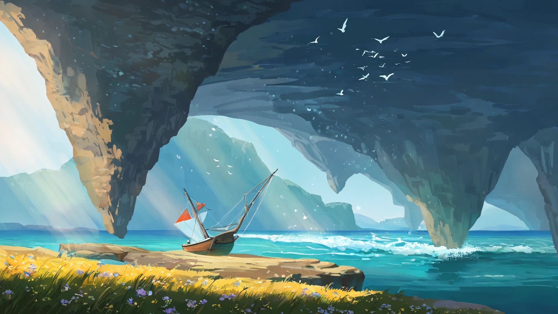 seaside lighthouse lofi wallpaper