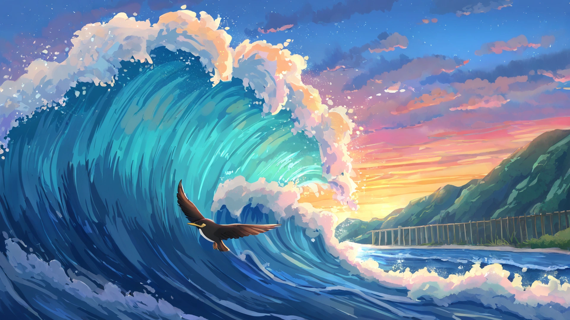 seaside lighthouse lofi wallpaper