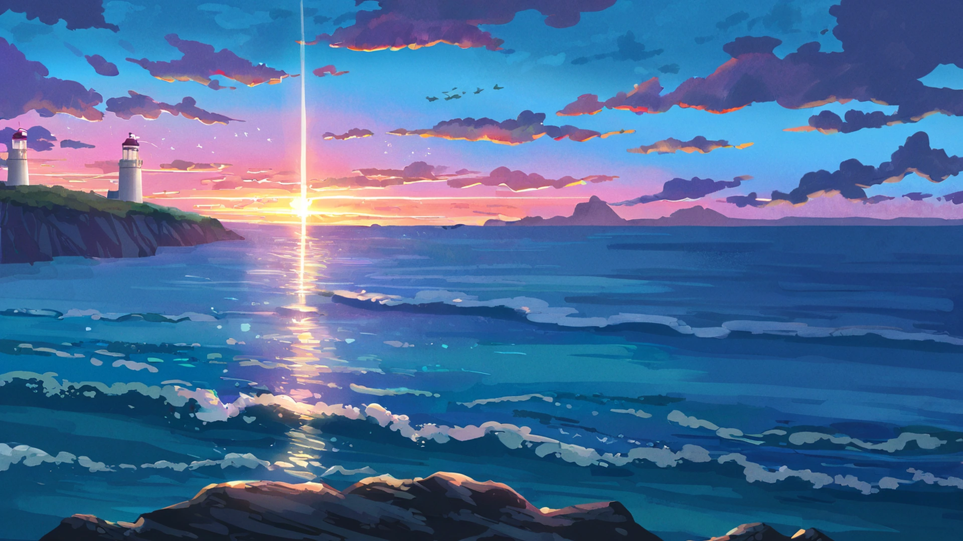 seaside lighthouse lofi wallpaper