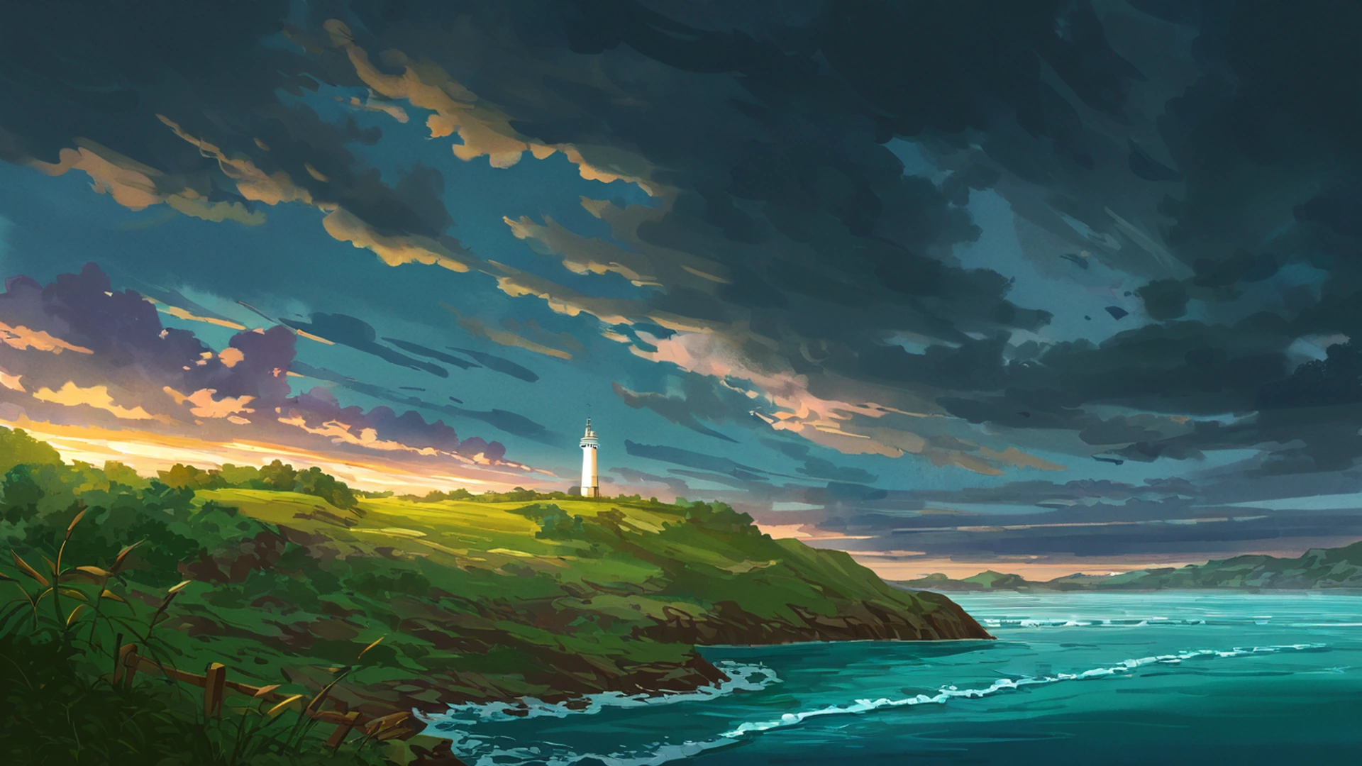 seaside lighthouse lofi wallpaper