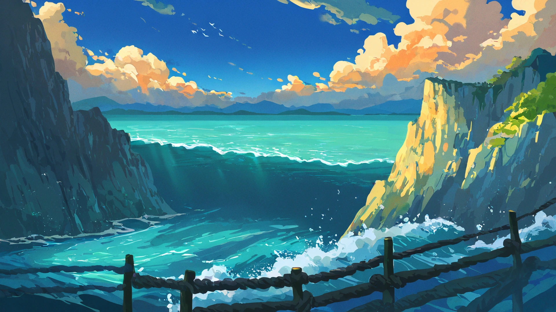 seaside lighthouse lofi wallpaper