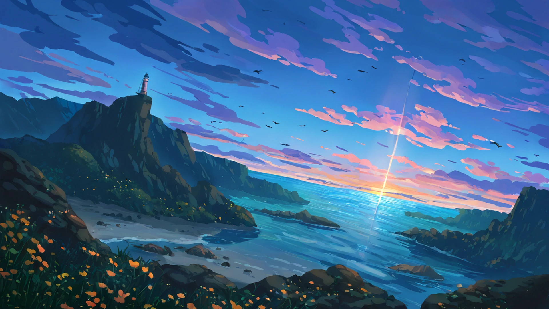 seaside lighthouse lofi wallpaper