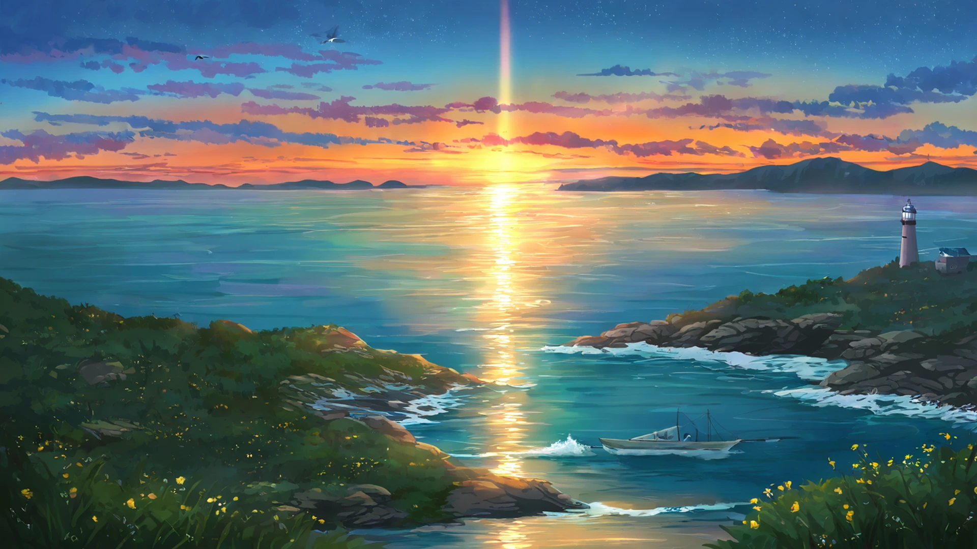 seaside lighthouse lofi wallpaper