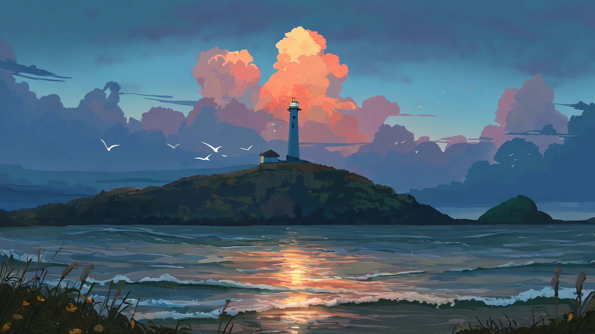 seaside lighthouse lofi wallpaper
