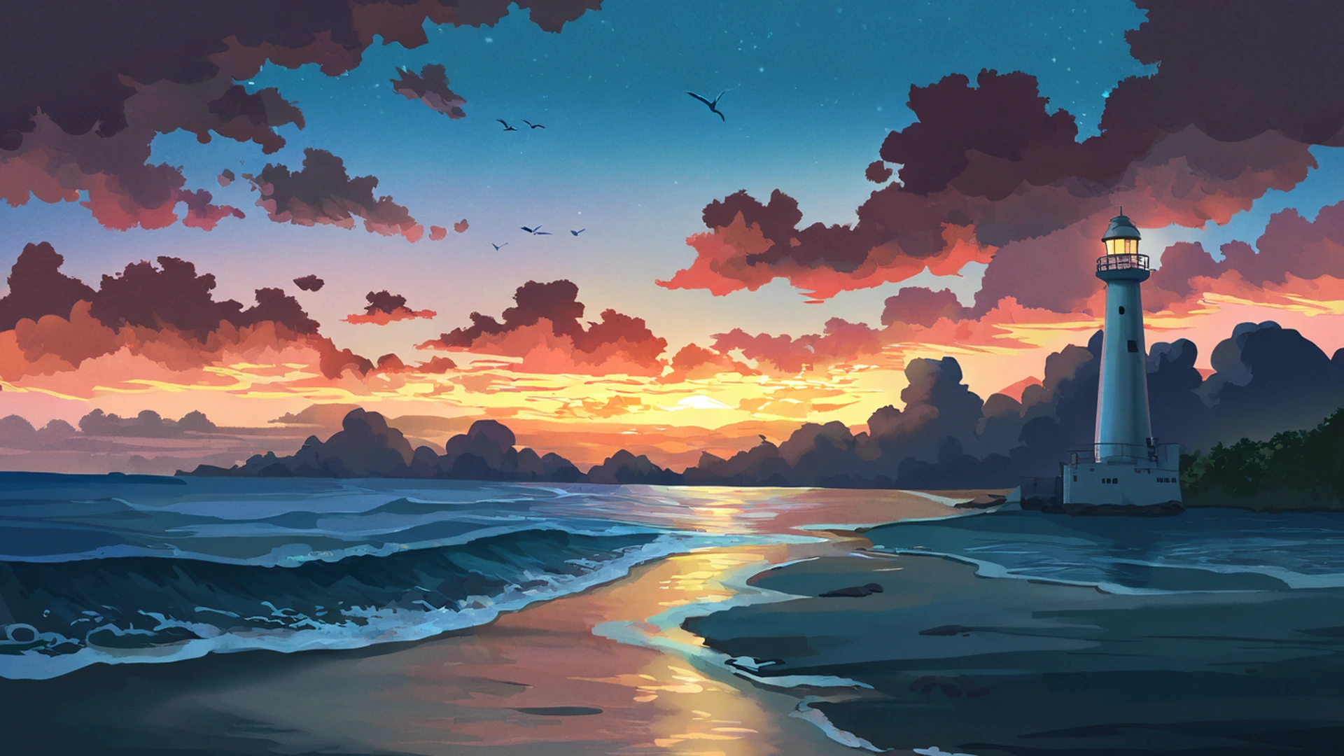 seaside lighthouse lofi wallpaper