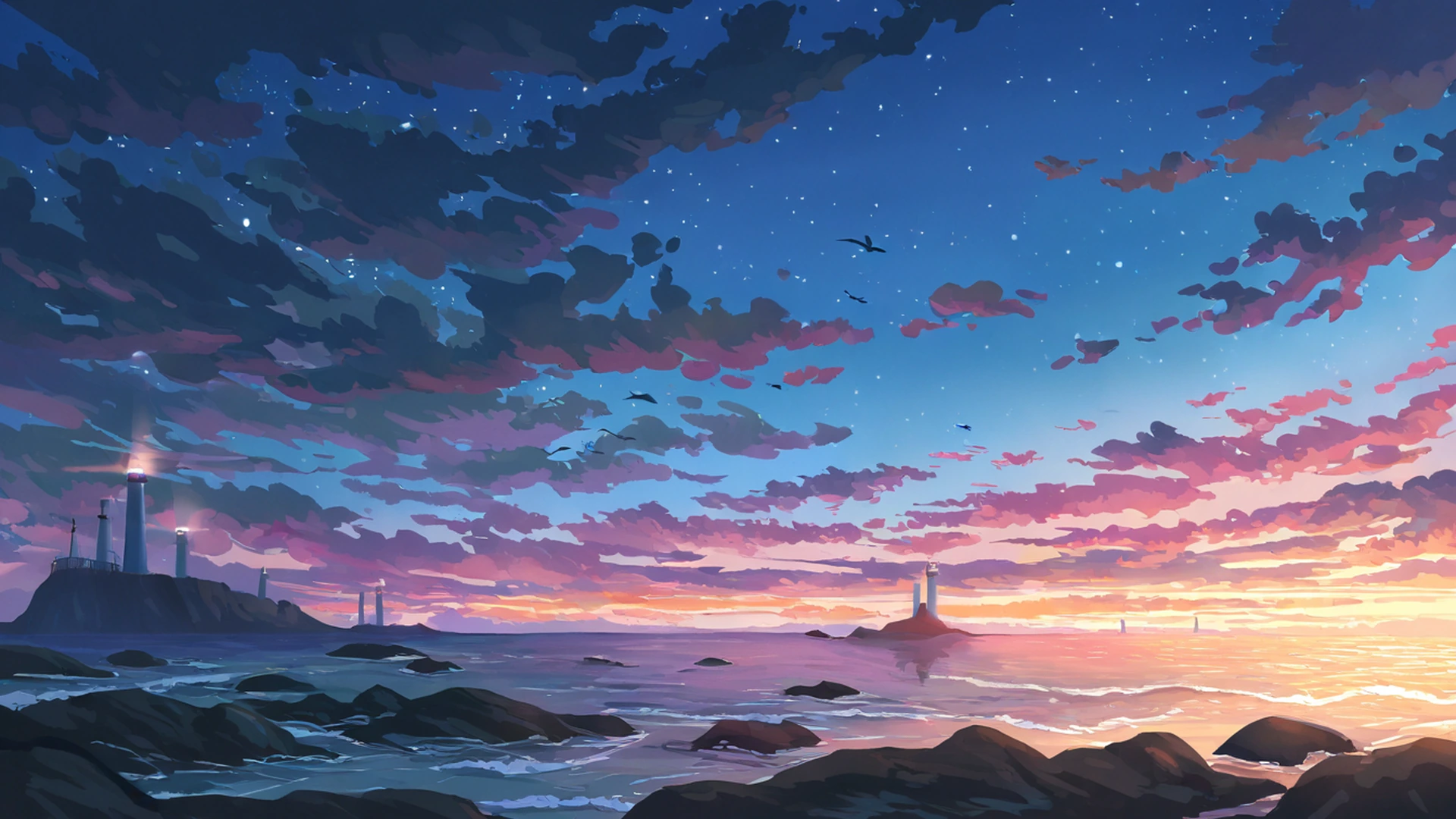 seaside lighthouse lofi wallpaper