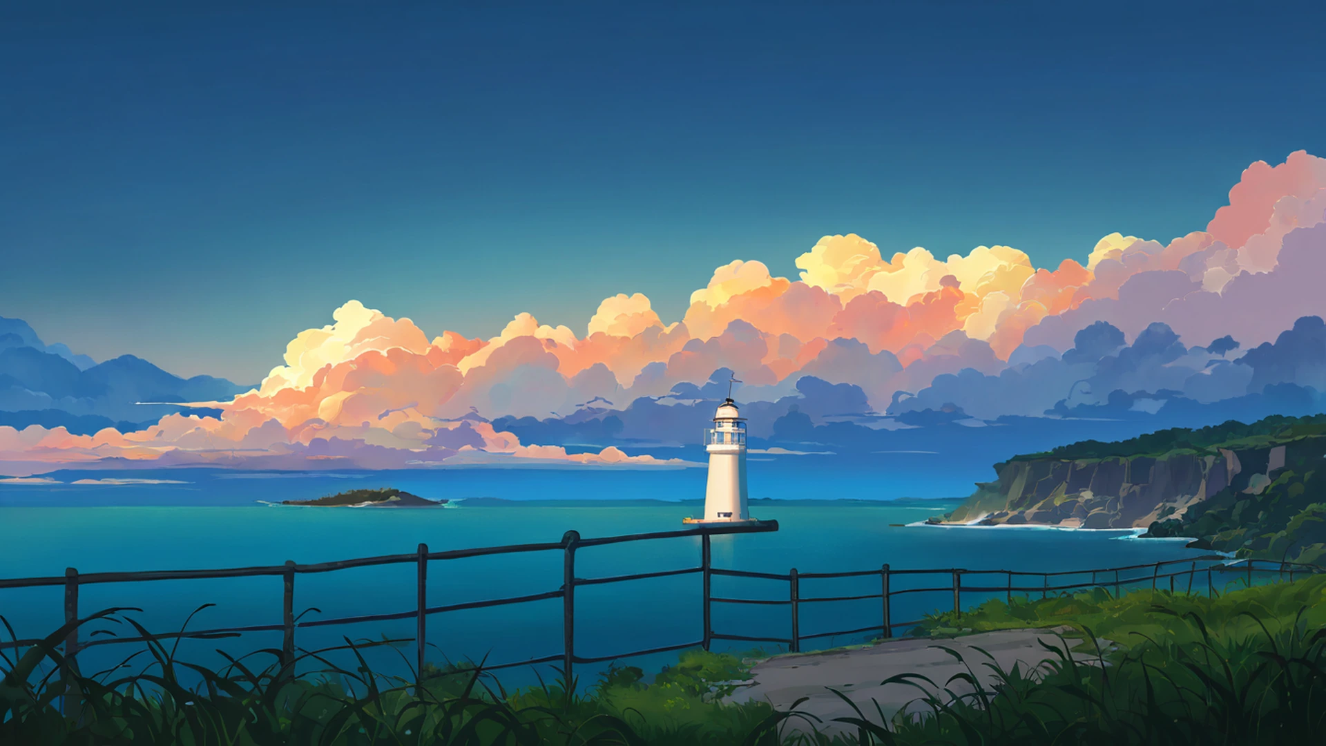 seaside lighthouse lofi wallpaper