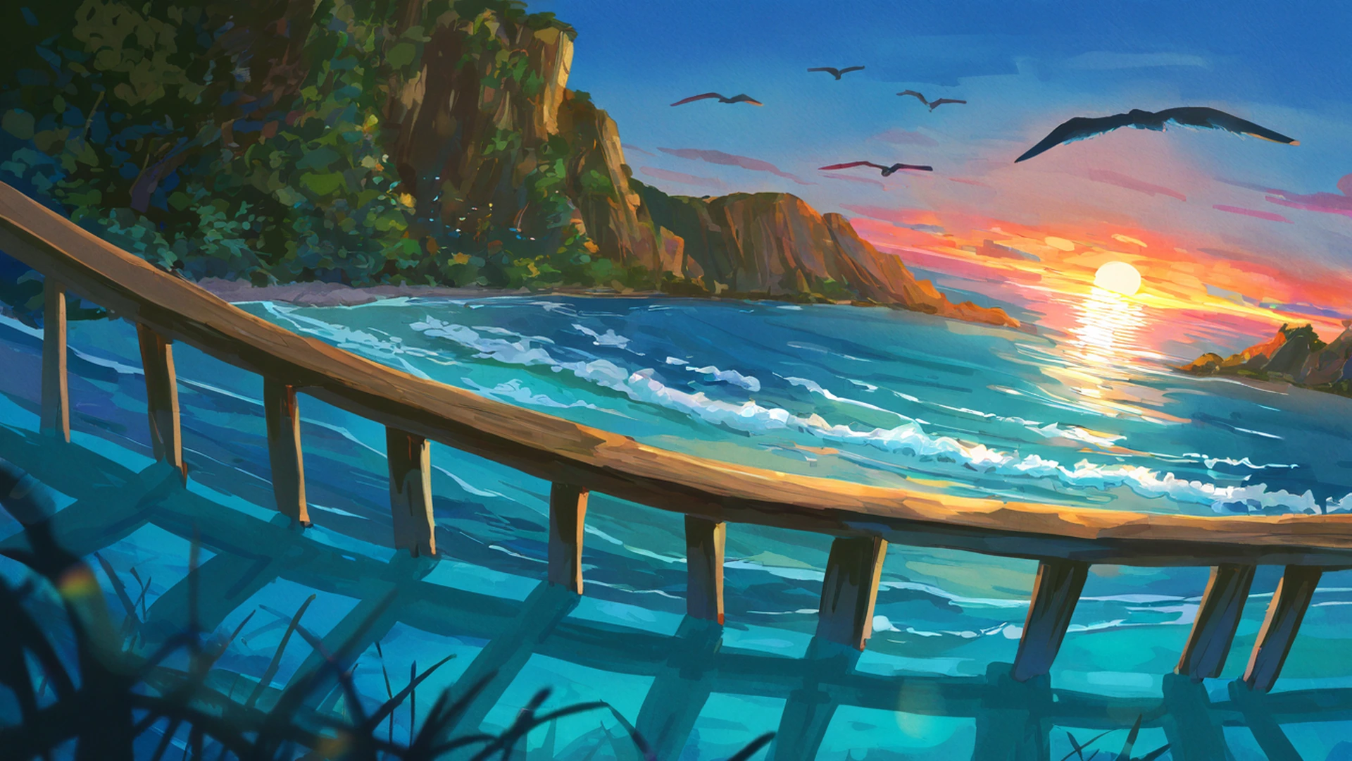 seaside lighthouse lofi wallpaper