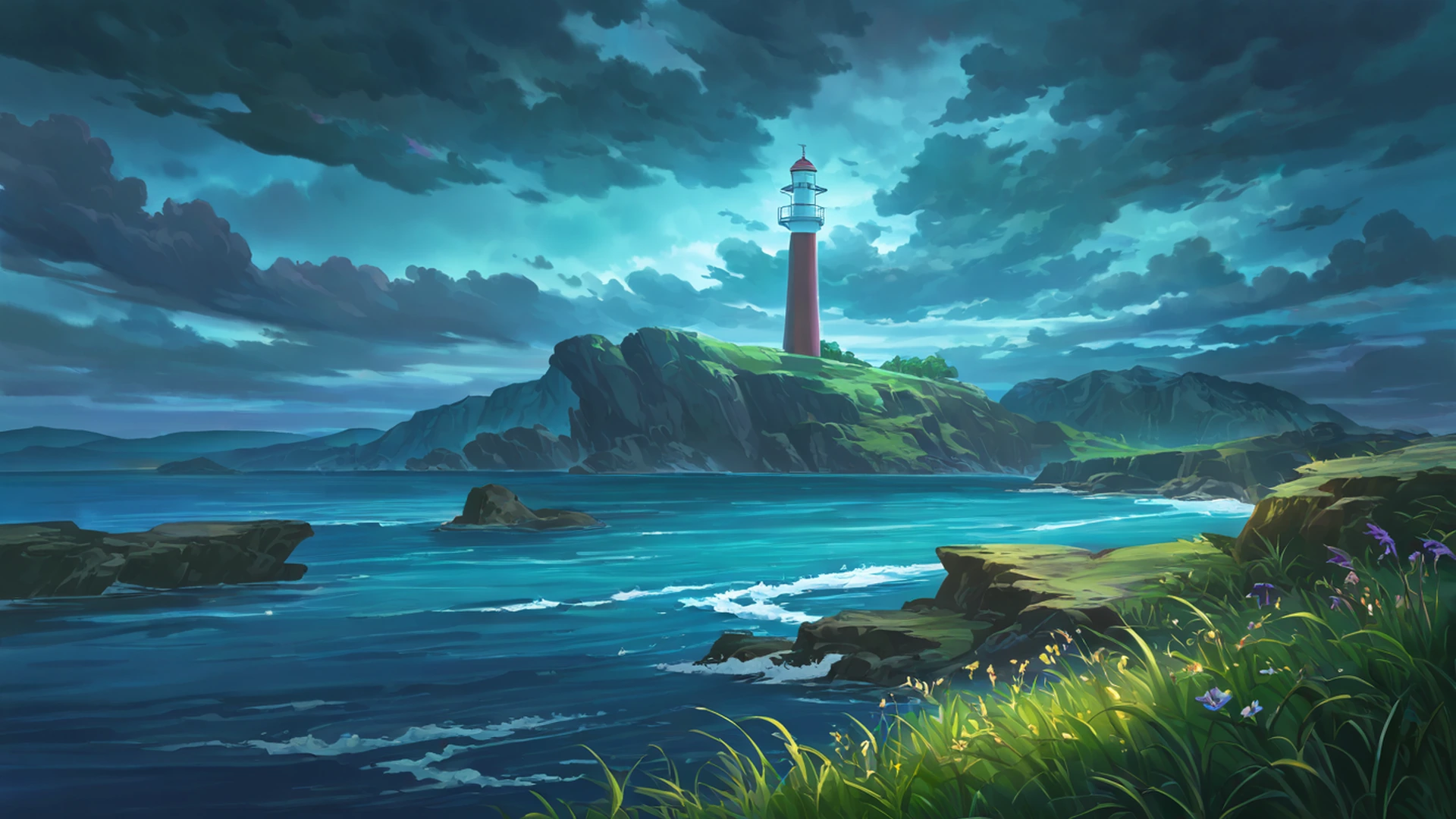 seaside lighthouse lofi wallpaper