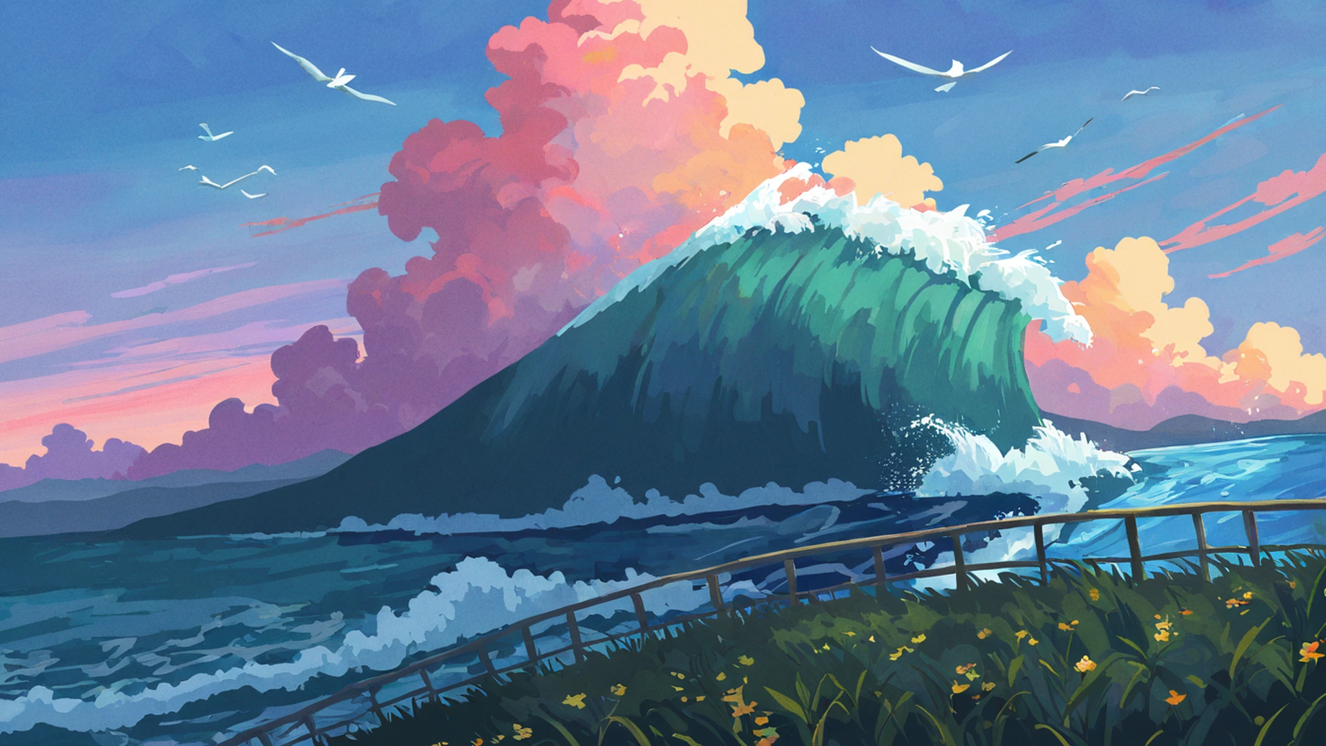 seaside lighthouse lofi wallpaper