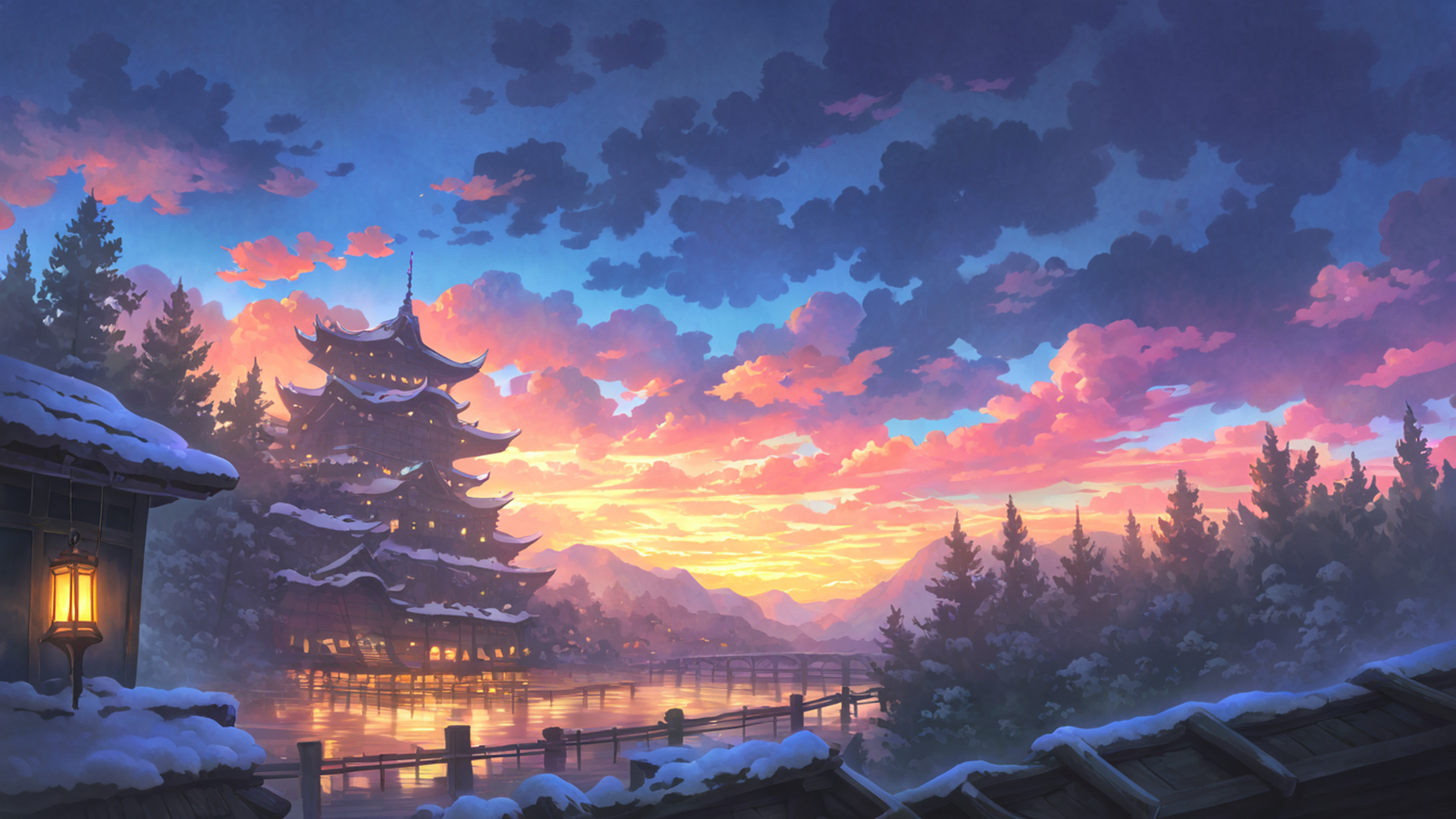 snowy mountain village lofi wallpaper