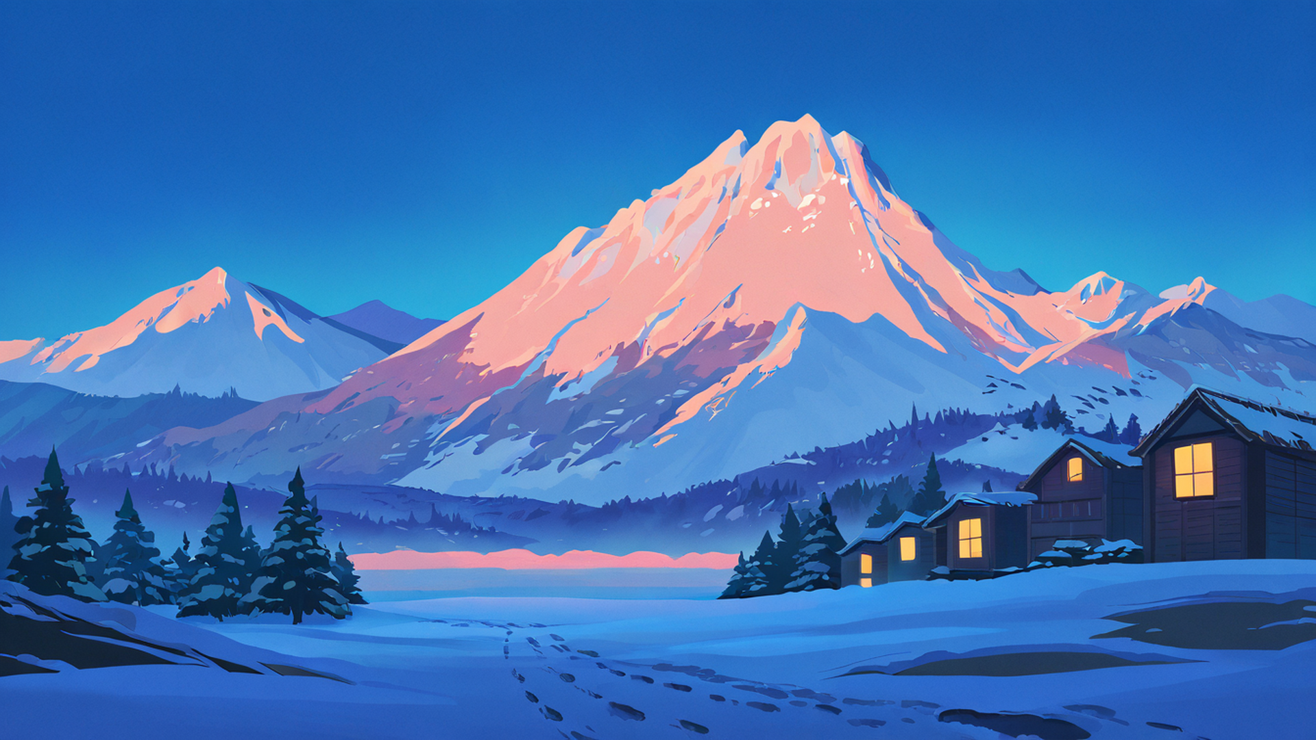 snowy mountain village lofi wallpaper