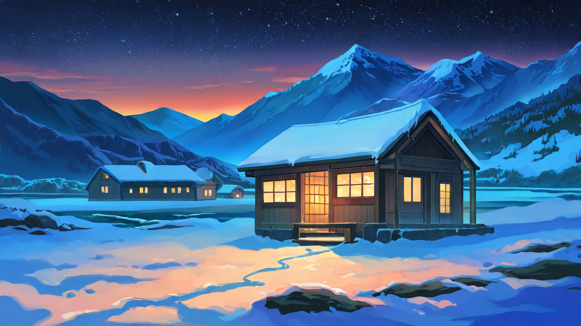 snowy mountain village lofi wallpaper