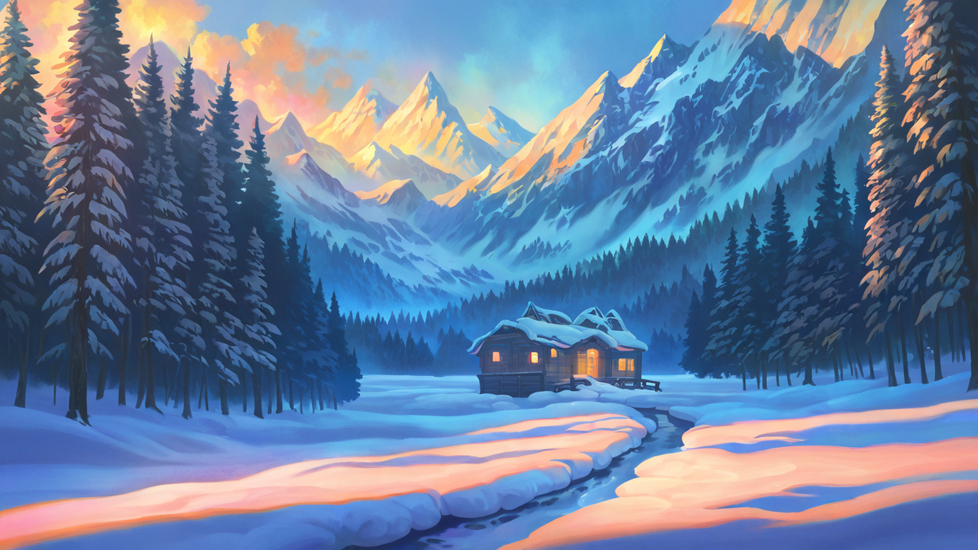 snowy mountain village lofi wallpaper