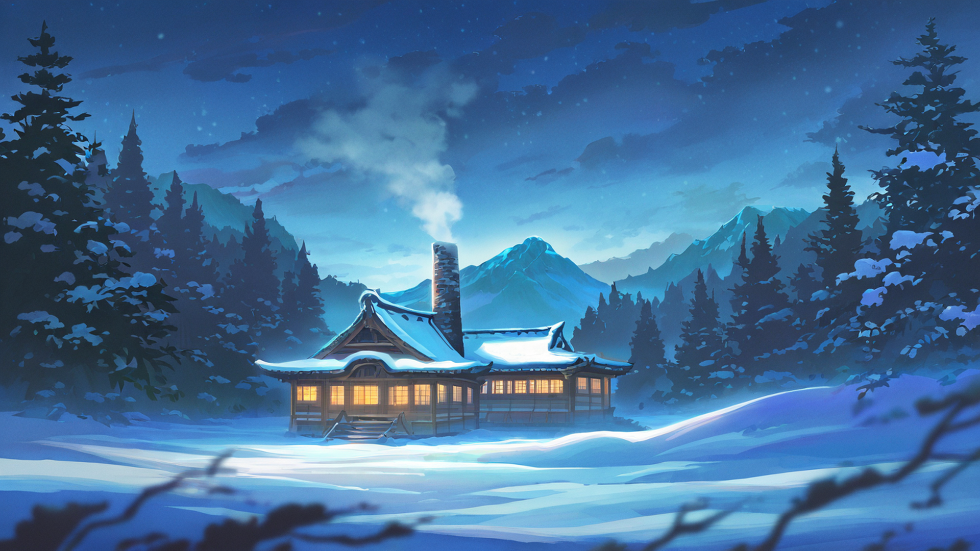 snowy mountain village lofi wallpaper