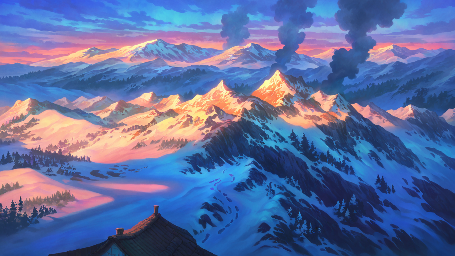 snowy mountain village lofi wallpaper