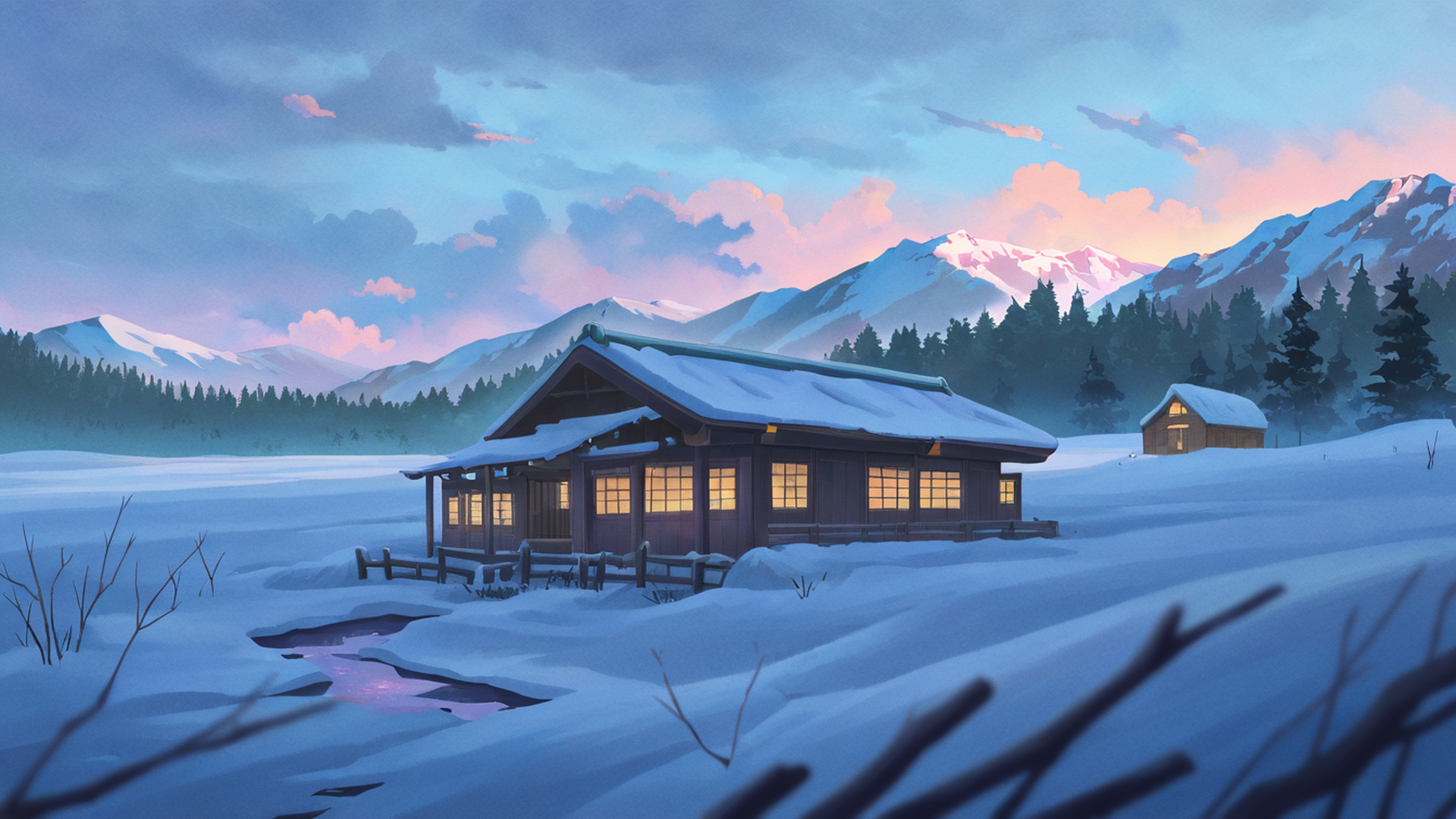 snowy mountain village lofi wallpaper