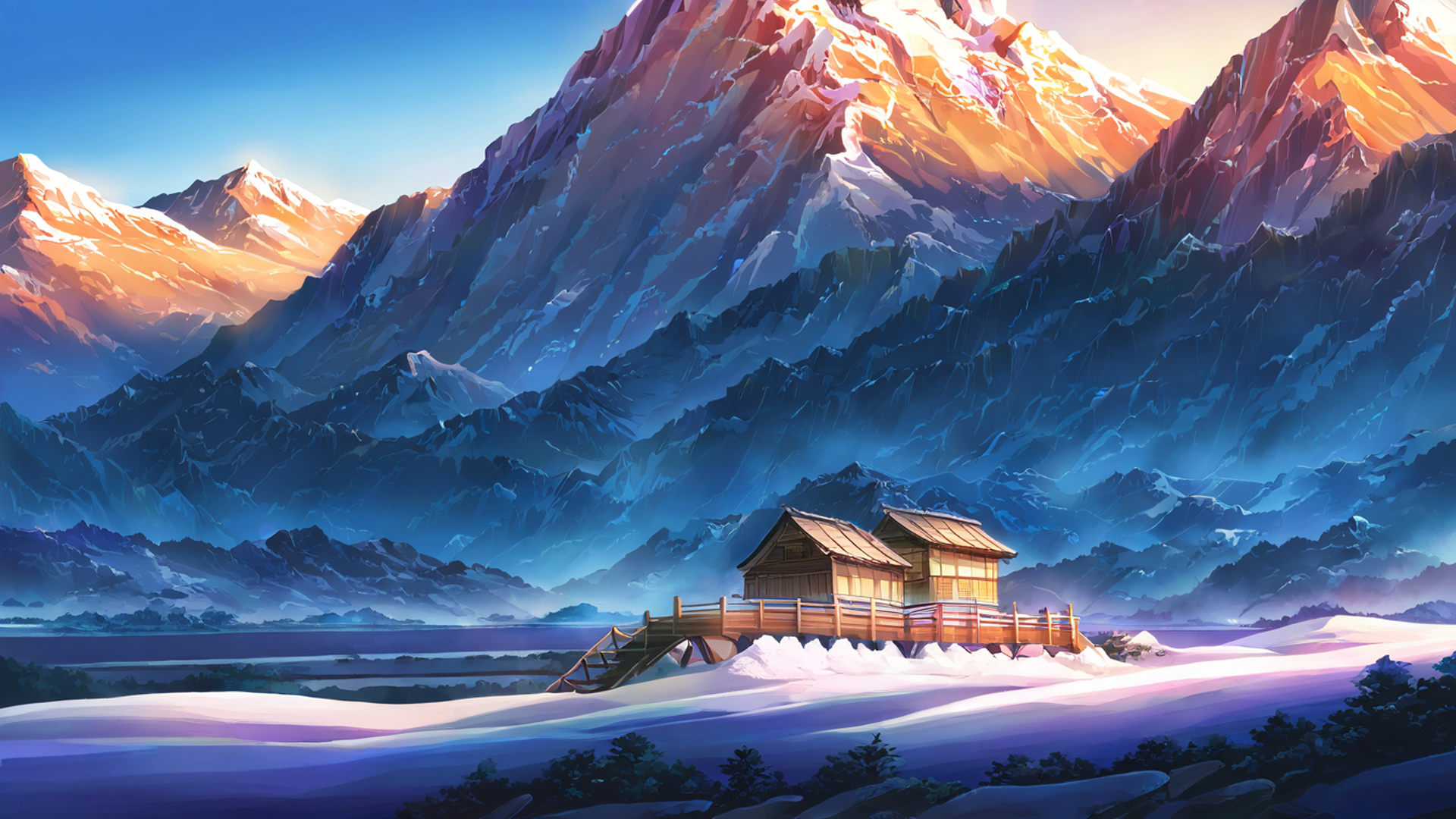 snowy mountain village lofi wallpaper
