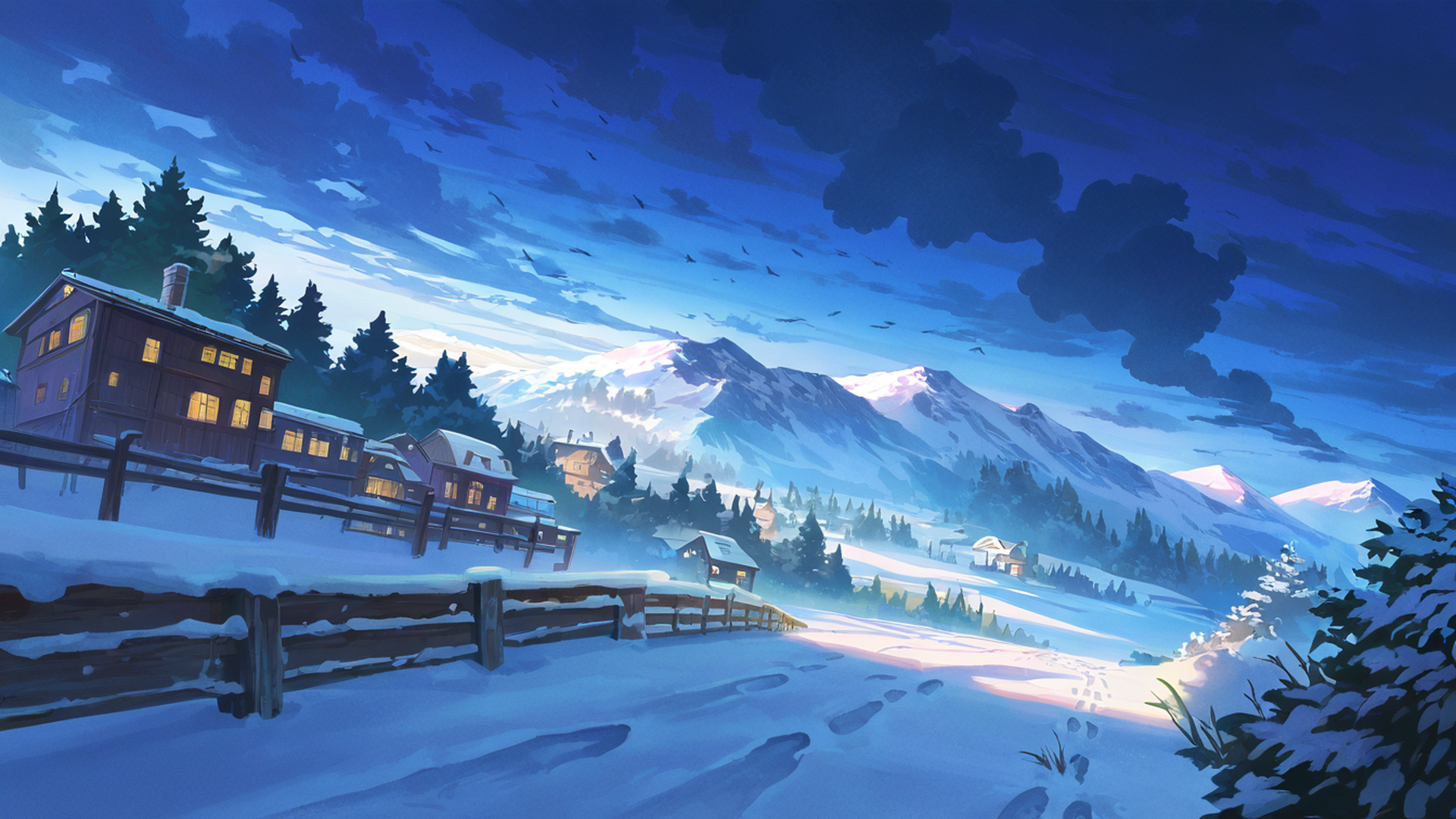snowy mountain village lofi wallpaper