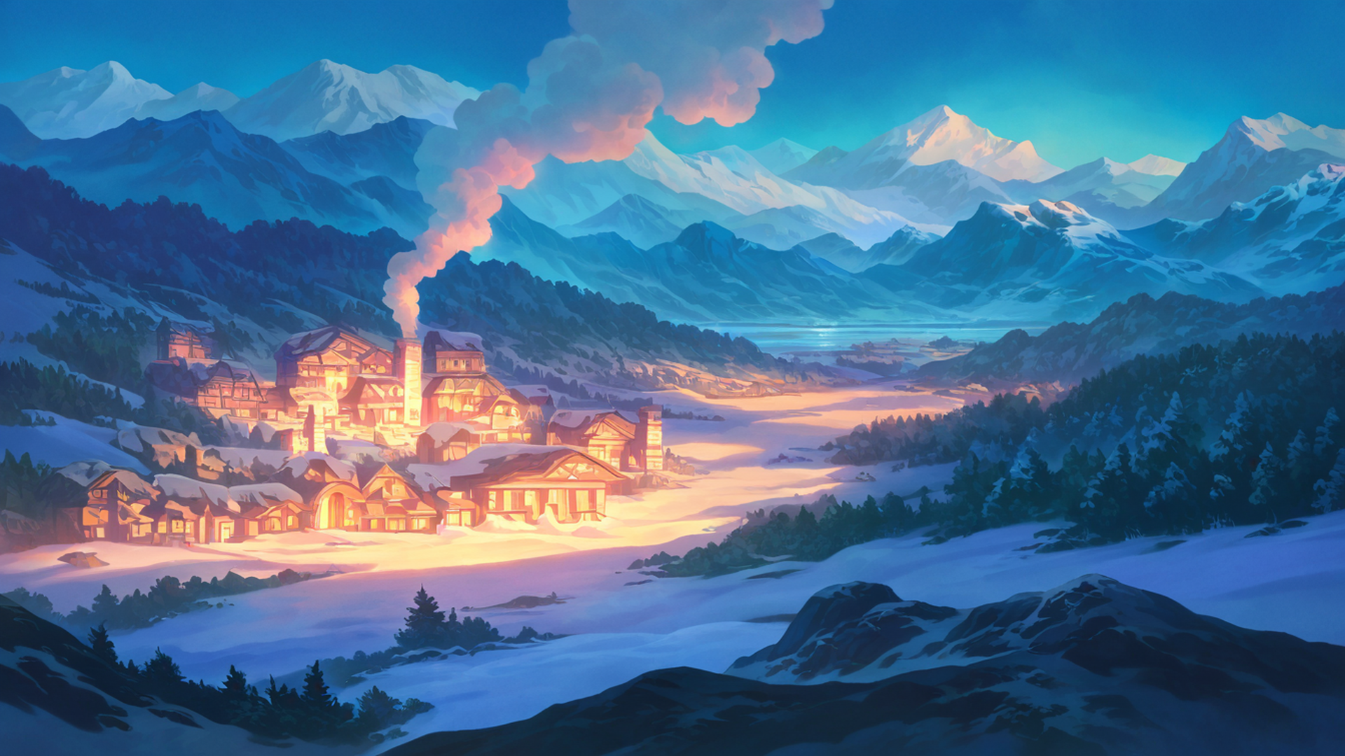 snowy mountain village lofi wallpaper