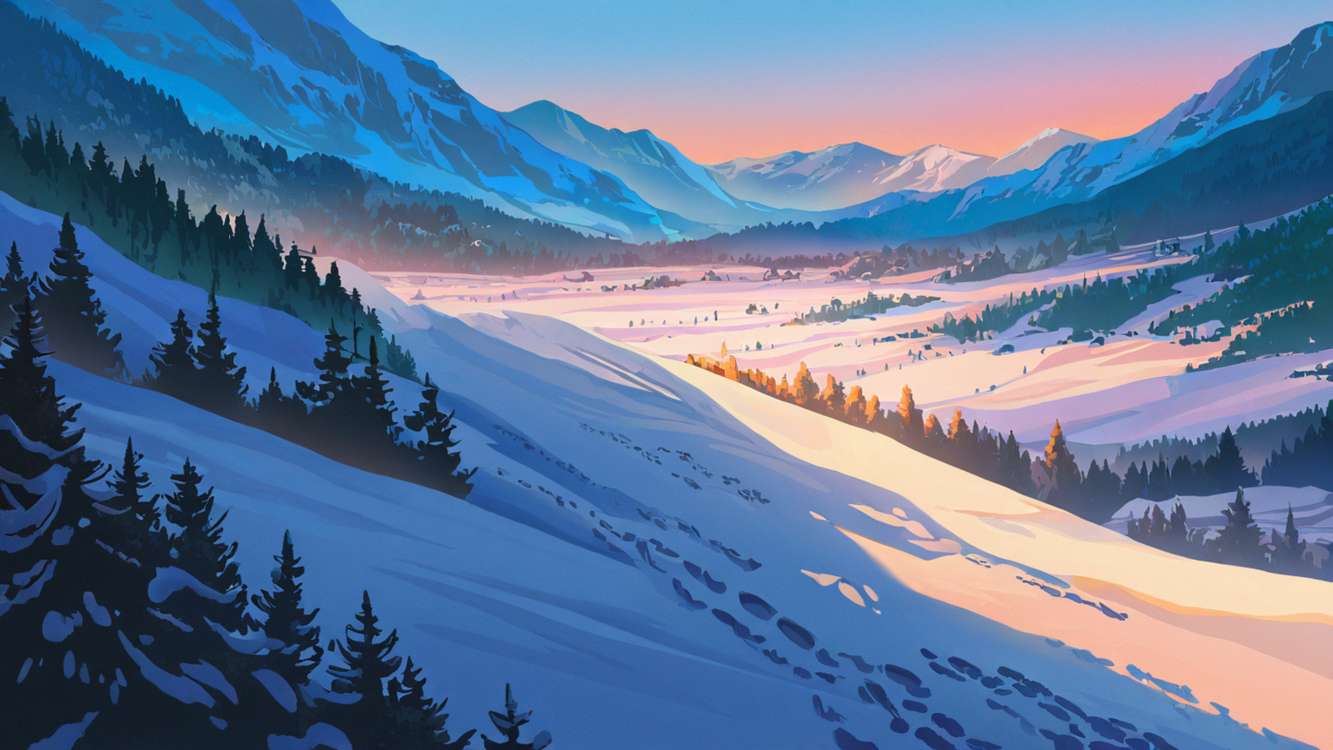 snowy mountain village lofi wallpaper