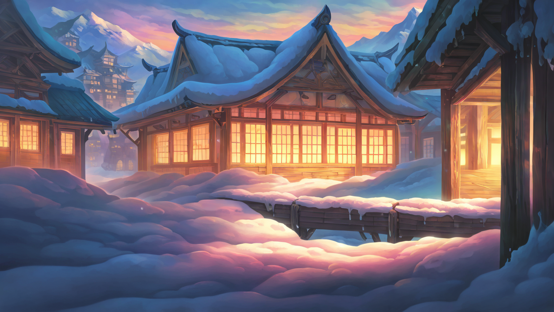 snowy mountain village lofi wallpaper