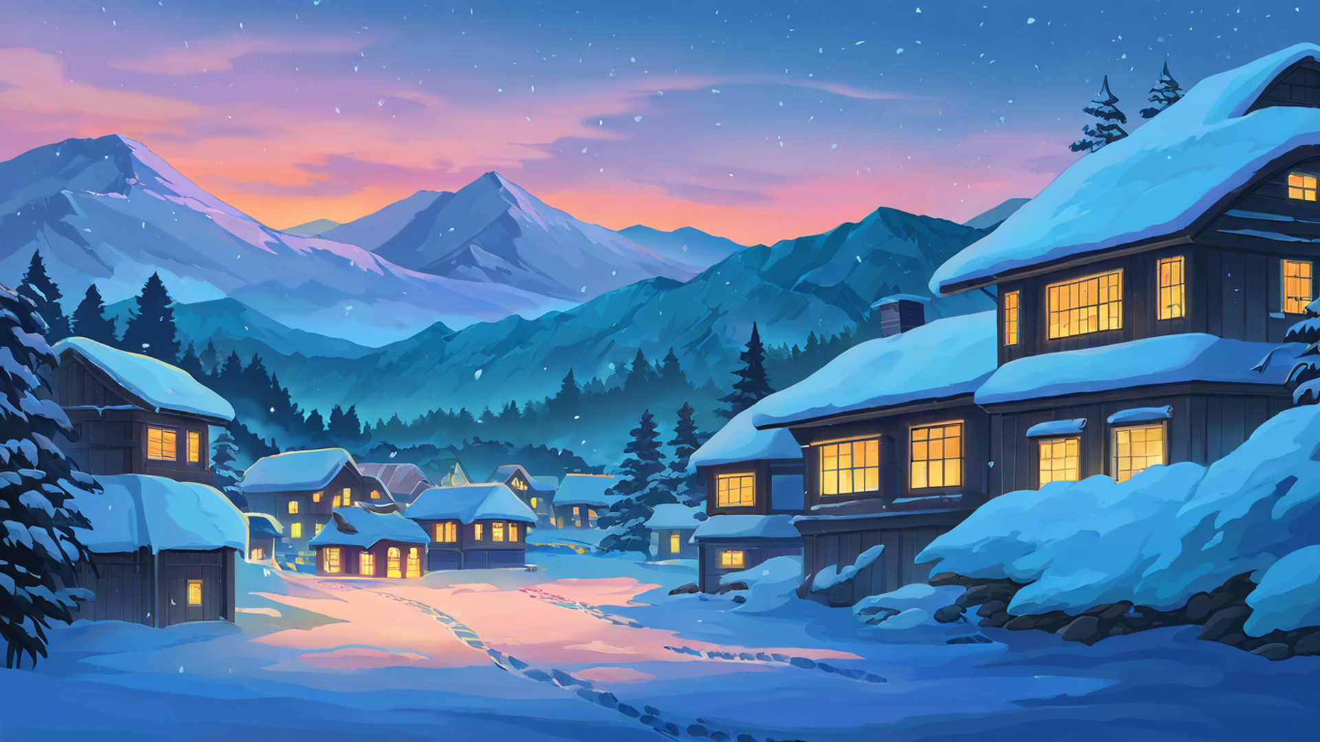 snowy mountain village lofi wallpaper