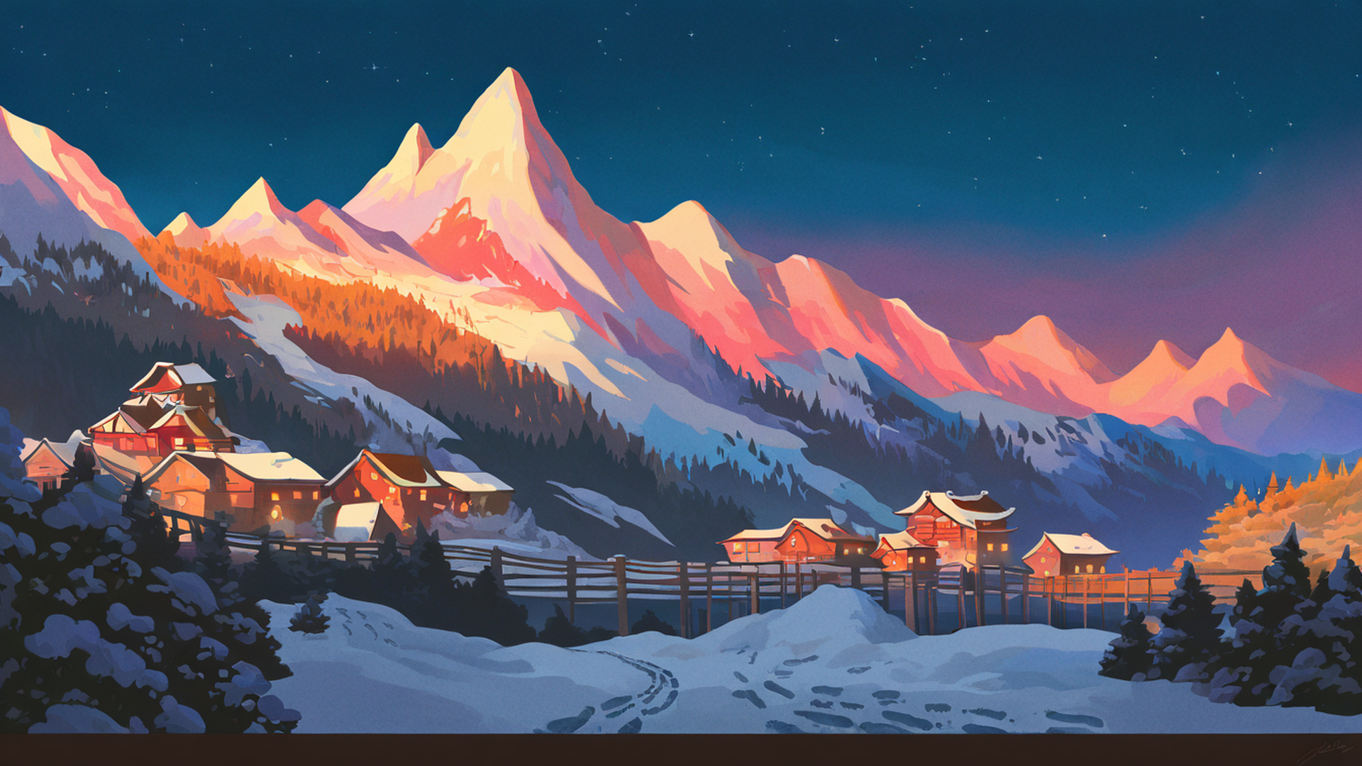 Snowy Mountain Village Snowy Mountain Village 0220553606 lofi anime wallpaper free download