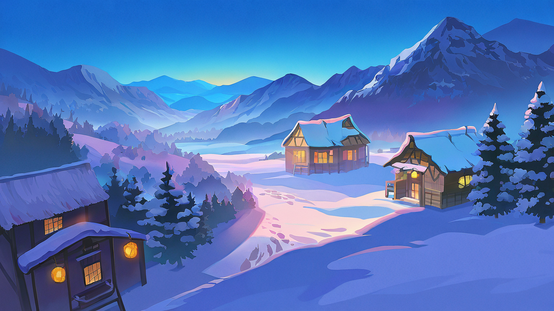 snowy mountain village lofi wallpaper