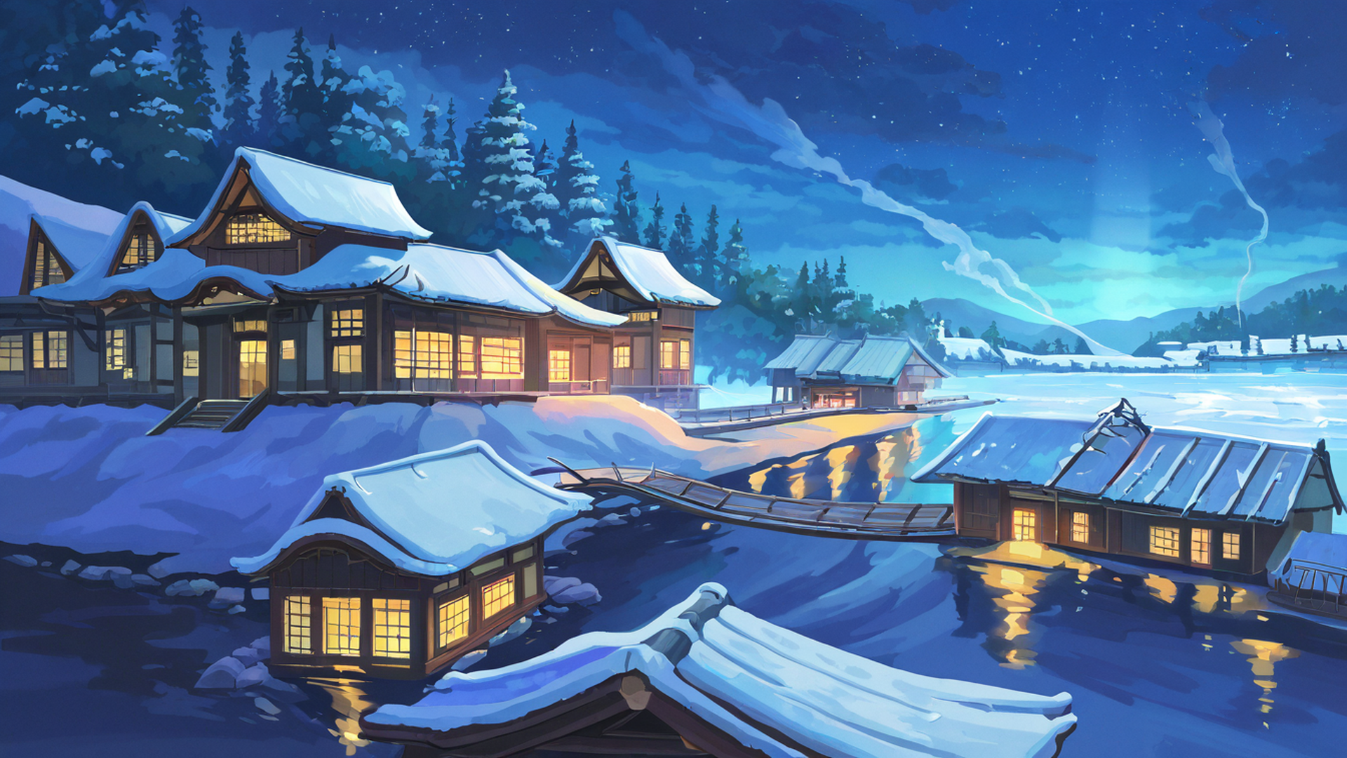 snowy mountain village lofi wallpaper