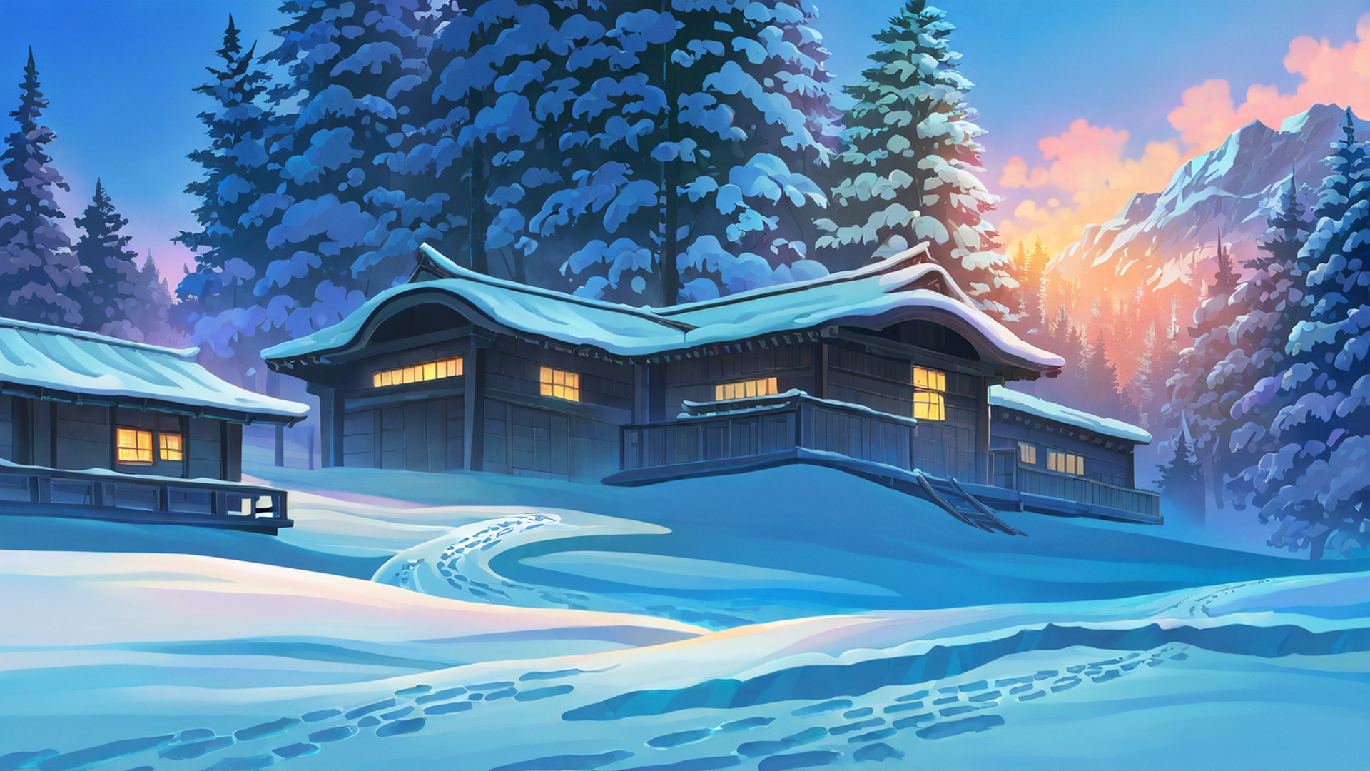 snowy mountain village lofi wallpaper