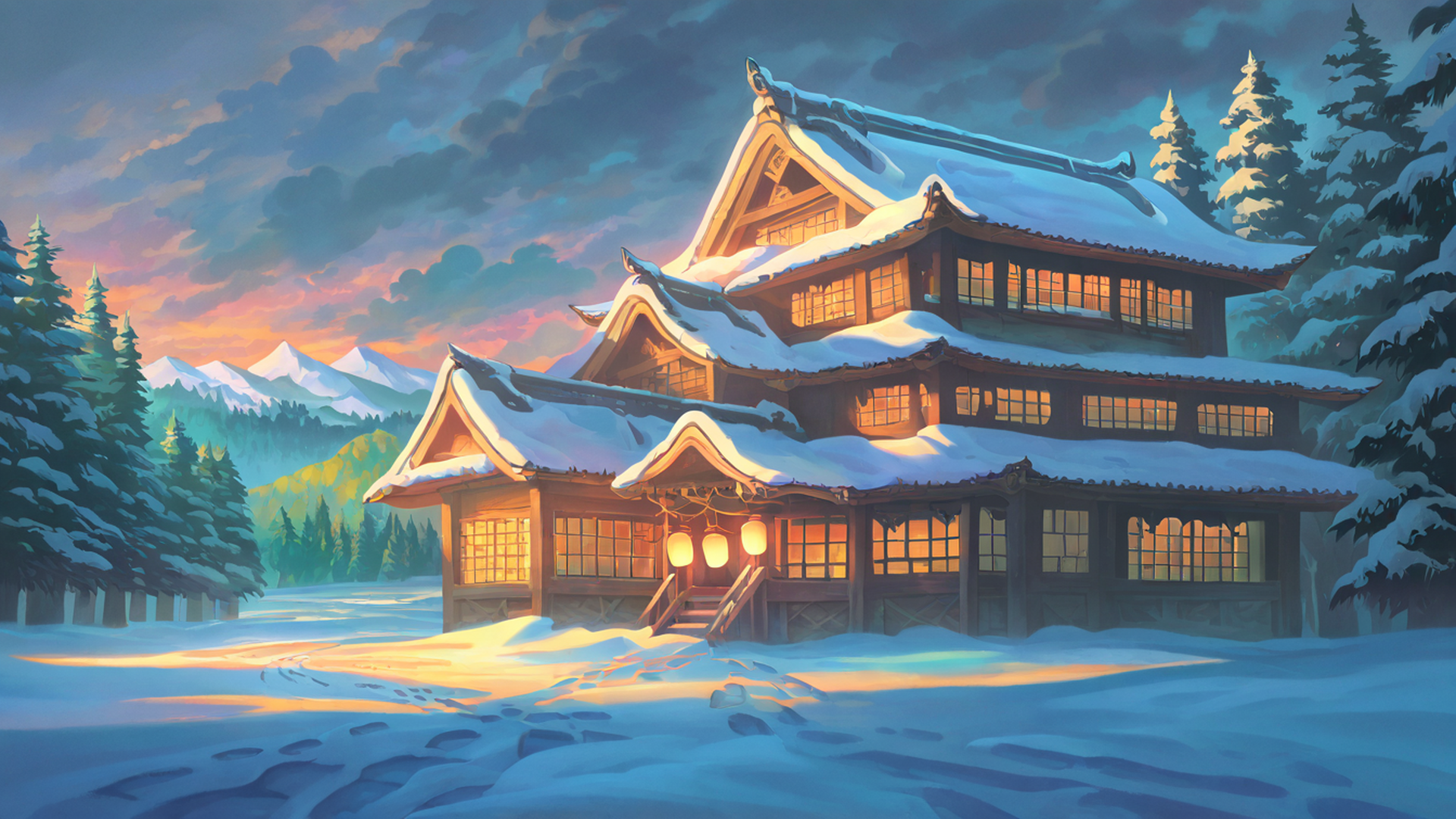 snowy mountain village lofi wallpaper