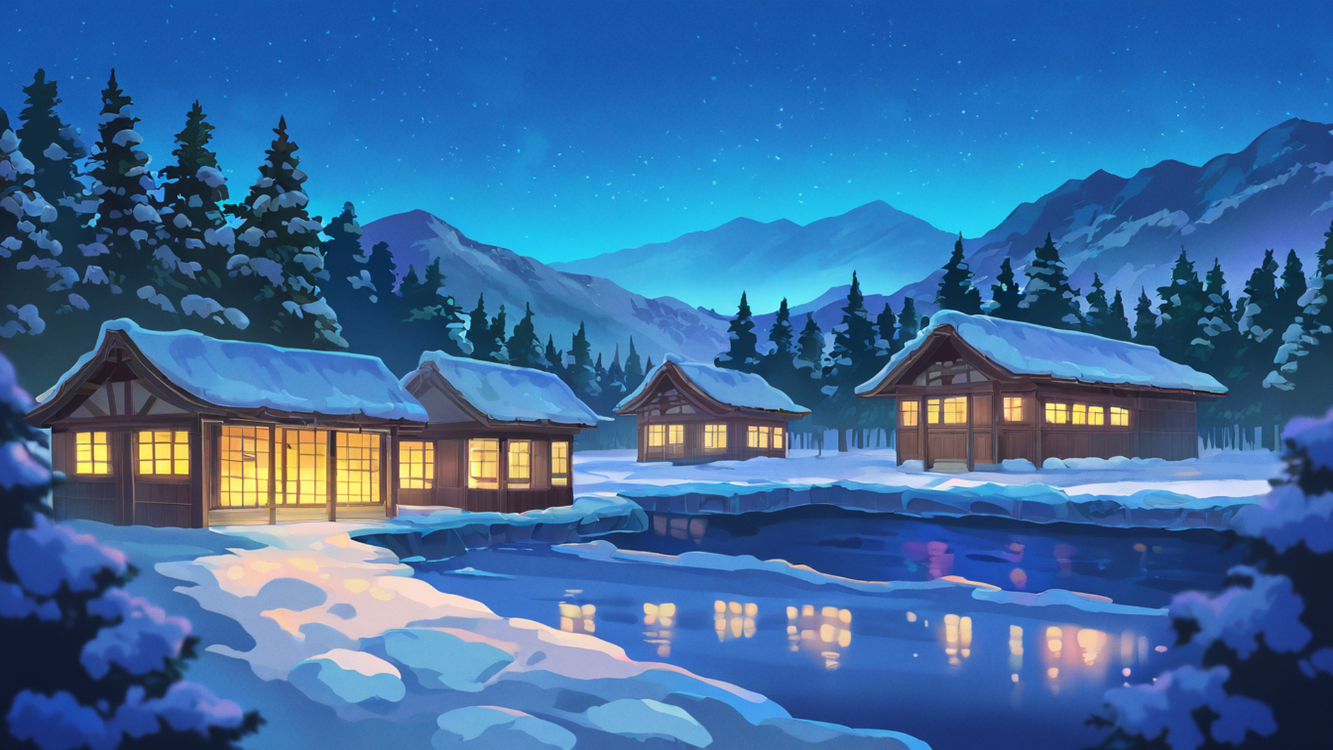 snowy mountain village lofi wallpaper