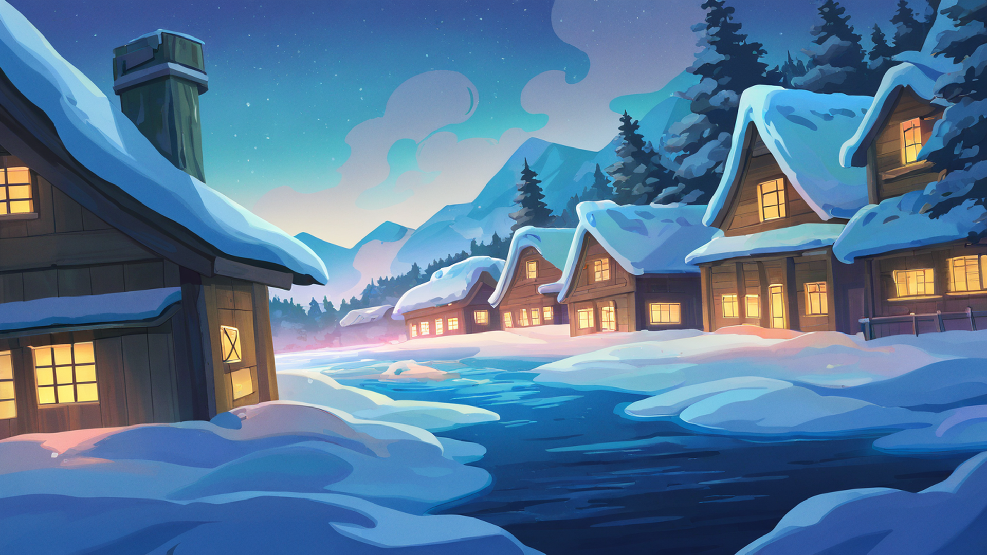 snowy mountain village lofi wallpaper