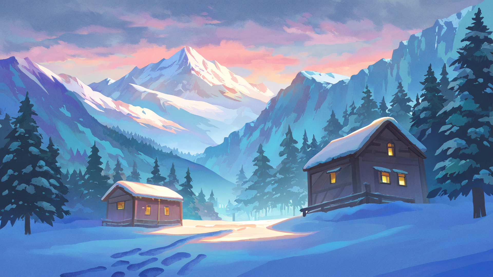snowy mountain village lofi wallpaper