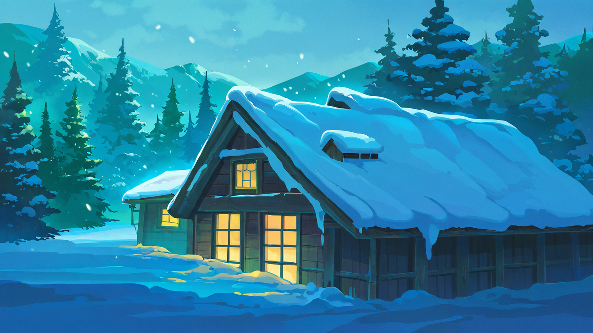 snowy mountain village lofi wallpaper