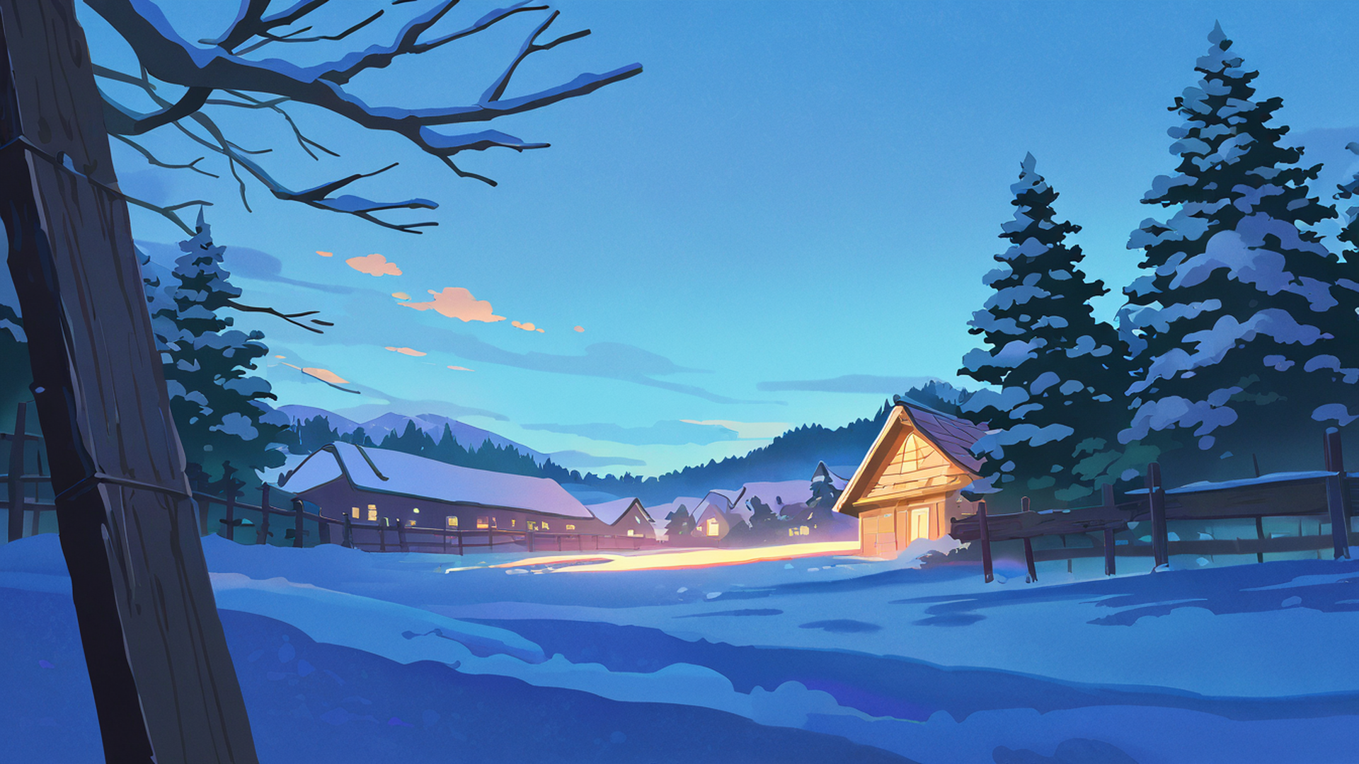 snowy mountain village lofi wallpaper